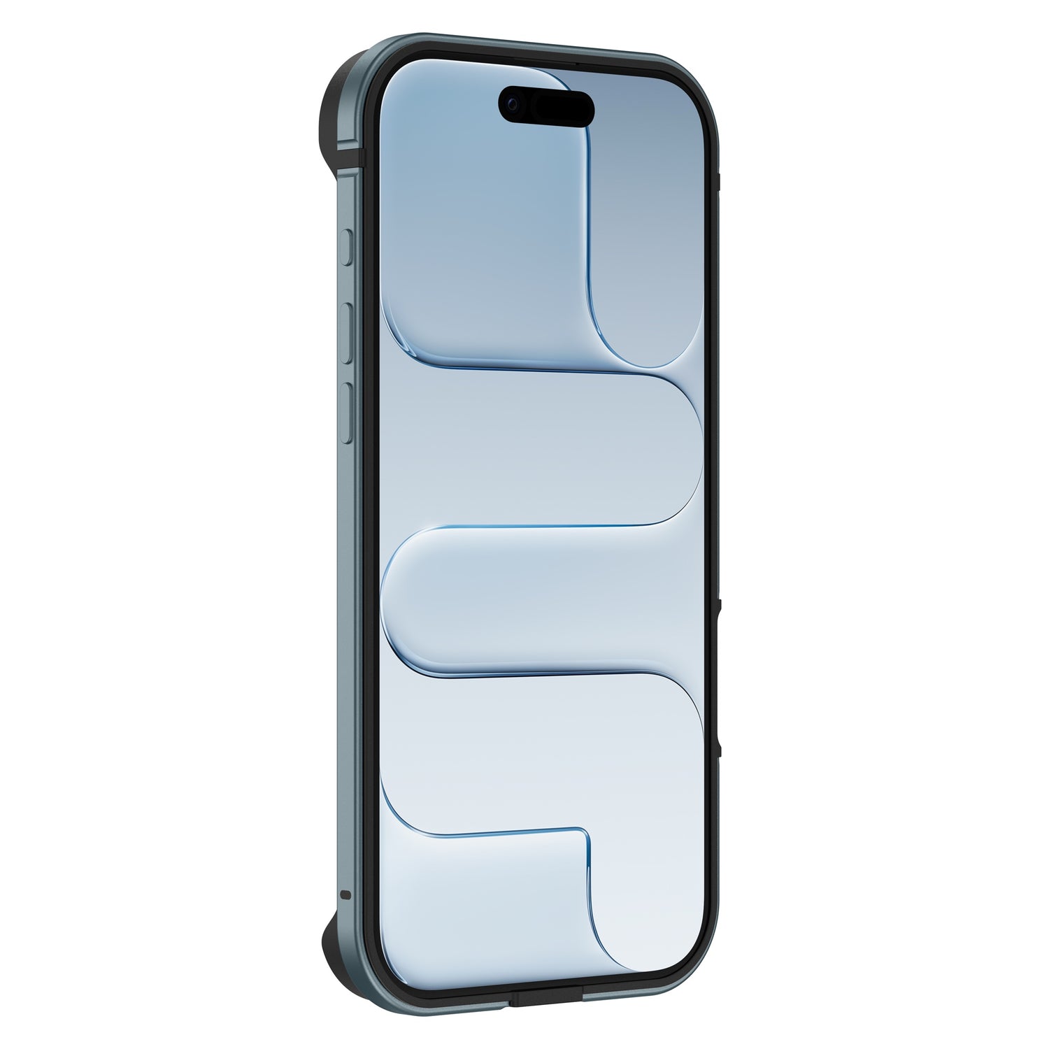 Ein iPhone Air Bumper von arktis, mit einer Aluminium TPU Schutzhülle und einem hellblauen abstrakten Display, unterstützt kabelloses Laden.