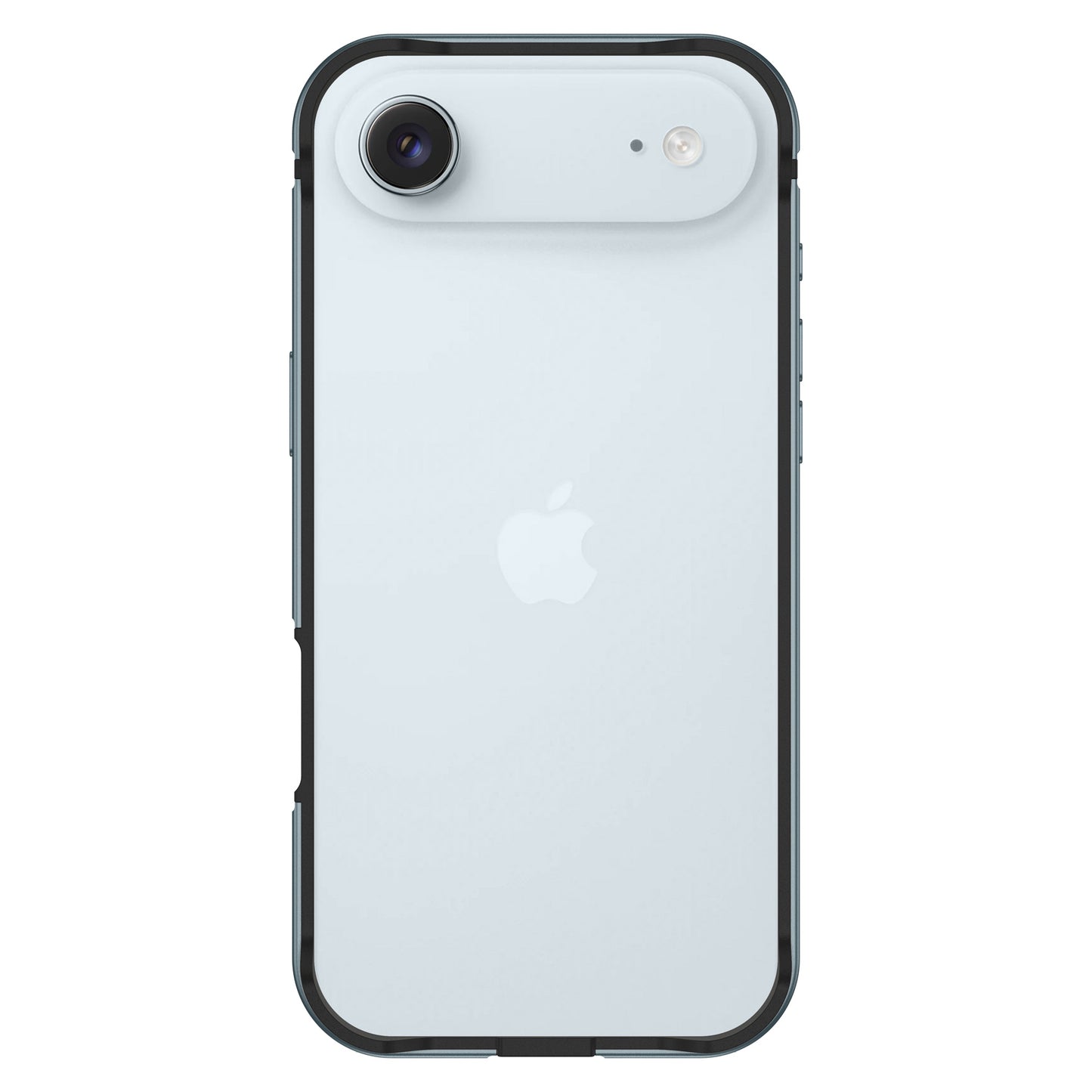 Ein weißes iPhone mit dem arktis iPhone Air Bumper von arktis, der aus einer Aluminium-TPU-Hülle besteht. Die Rückseite zeigt das Apple-Logo und die Kamera - perfekt für kabelloses Laden.