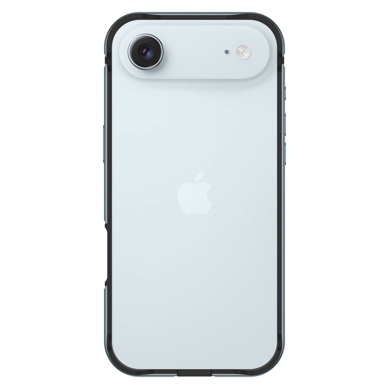 Ein weißes iPhone mit dem arktis iPhone Air Bumper von arktis, der aus einer Aluminium-TPU-Hülle besteht. Die Rückseite zeigt das Apple-Logo und die Kamera - perfekt für kabelloses Laden.