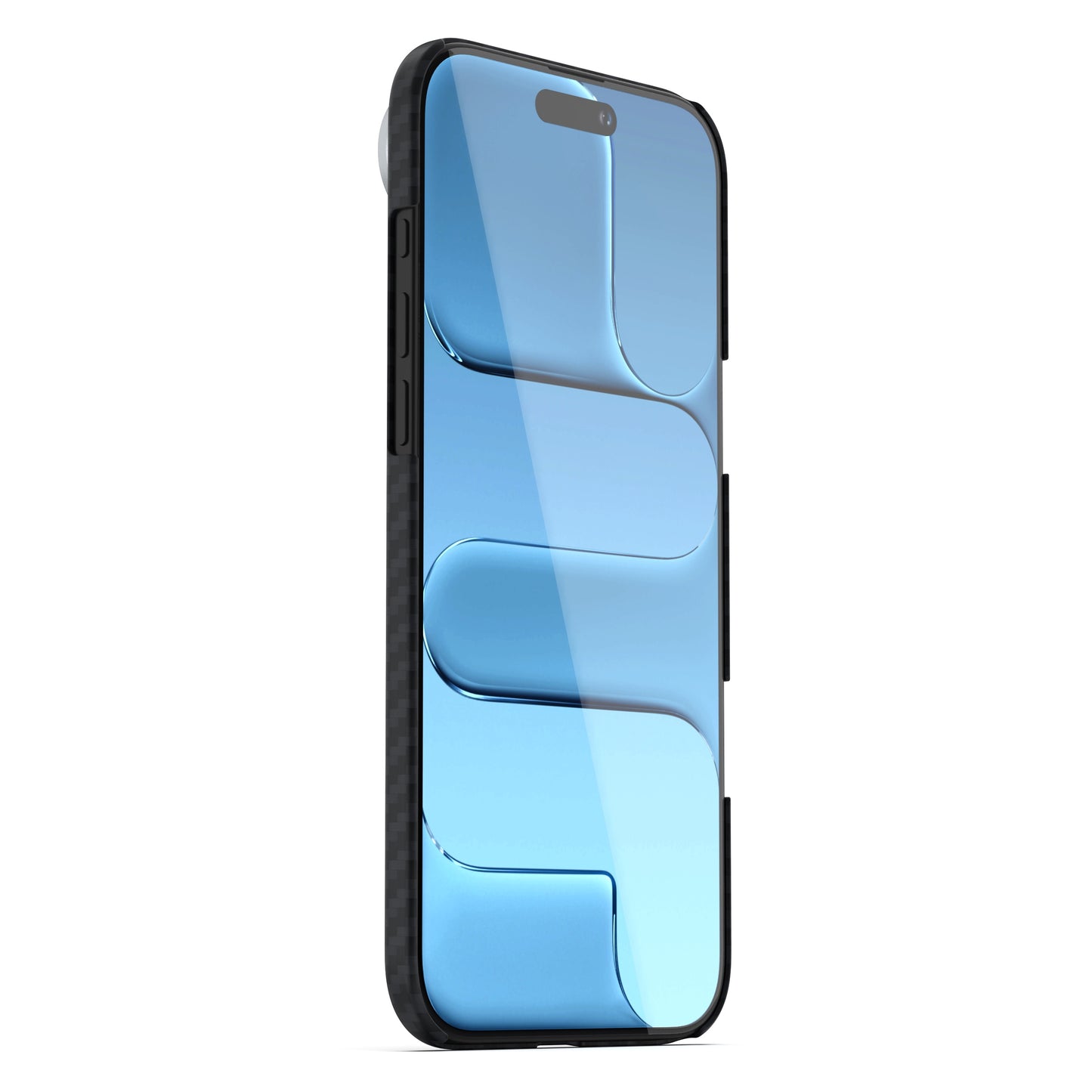 Das arktis iPhone Air Carbon Case von arktis zeigt ein modernes Smartphone mit einem reflektierenden blauen abstrakten Design auf dem Bildschirm, das in einem leichten Winkel dargestellt wird. Die Hülle ist schlank und MagSafe-kompatibel.