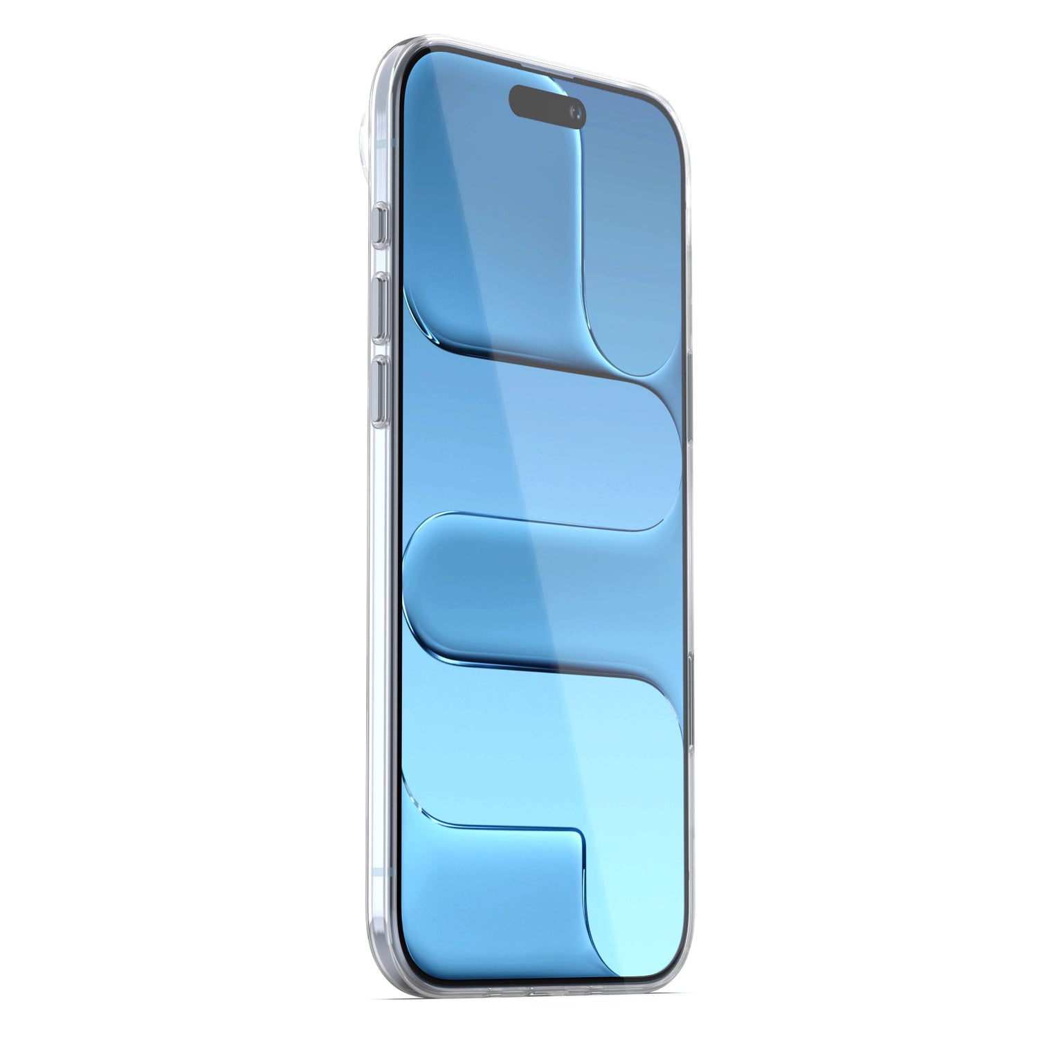 Schräge Frontansicht eines Smartphones mit blauem abstraktem Hintergrundbild im arktis iPhone Air Clear Case mit MagSafe von arktis.