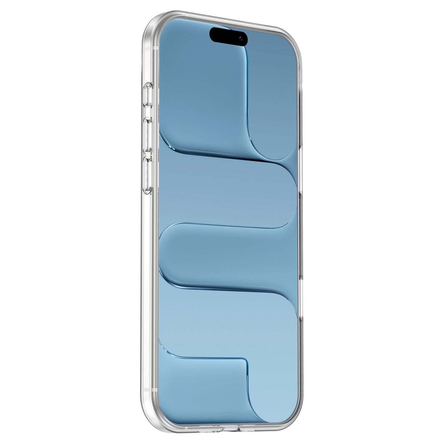 Ein iPhone mit einem iPhone Air Invisible Case von arktis, das eine transparente Hülle und ein glänzendes blaues abstraktes Muster auf dem Bildschirm zeigt, aus einem Winkel betrachtet.