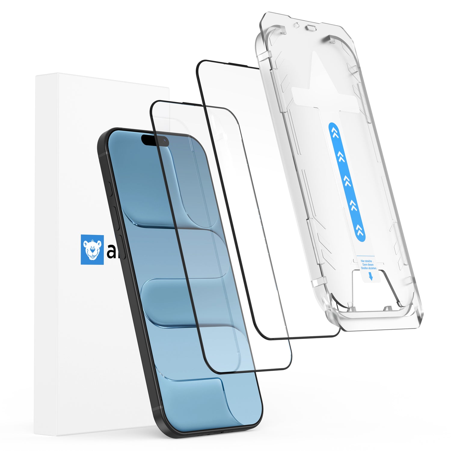 Abgebildet sind eine arktis iPhone Air Displayschutzfolie - Staubfrei ohne Blasen, eine Klarsichthülle und eine Verpackung von arktis auf weißem Hintergrund.