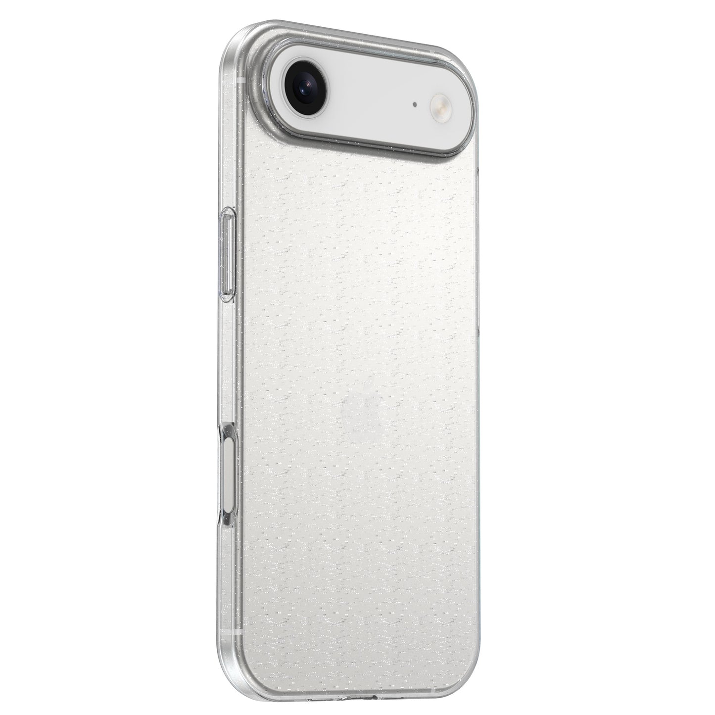 Das arktis iPhone Air Glitter Case von arktis ist auf einem weißen Smartphone abgebildet und hebt das glitzernde, klare Design sowie die Rückkamera und die seitlichen Tasten hervor.