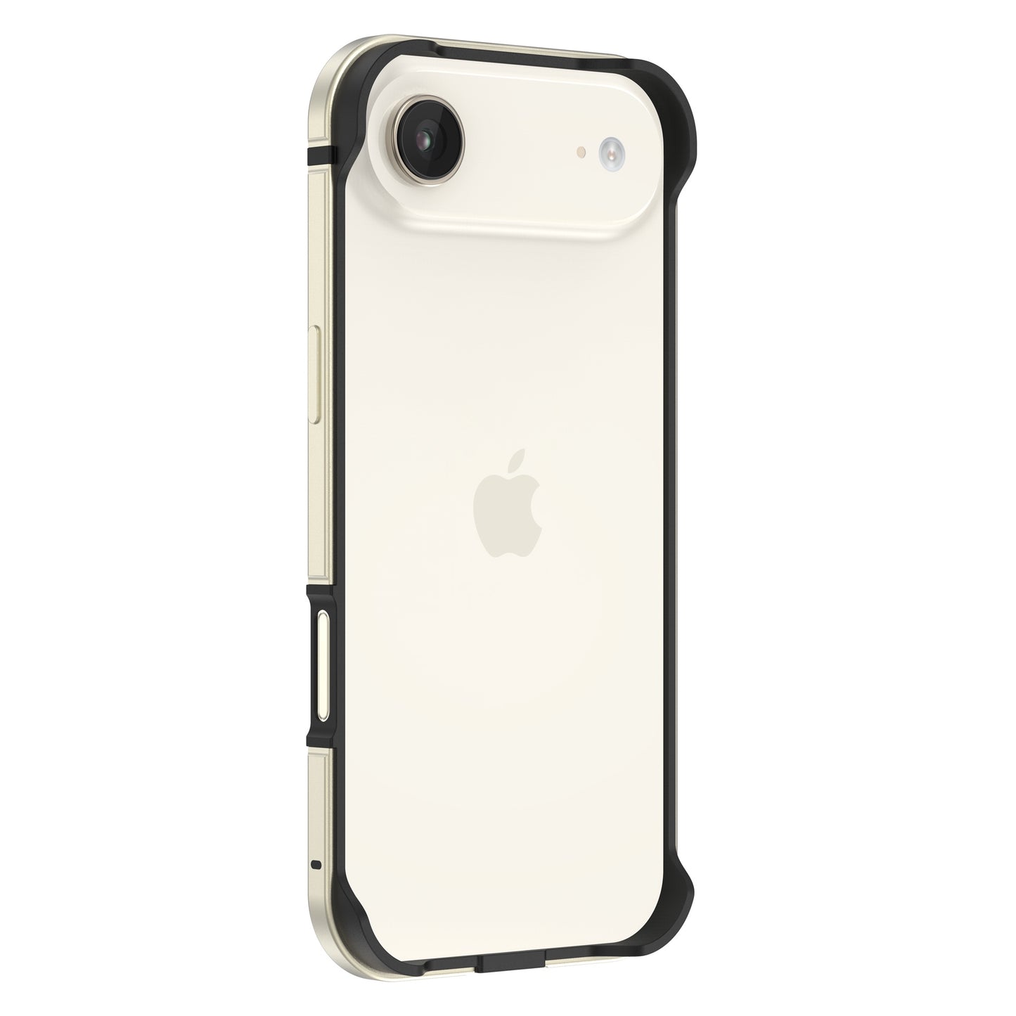 Der arktis iPhone Air Bumper von arktis, abgebildet in Schwarz und Gold auf einem weißen iPhone von hinten und von der Seite, bietet ultraleichten Schutz mit seinem stylischen Aluminium TPU-Silikon Bumper Design.