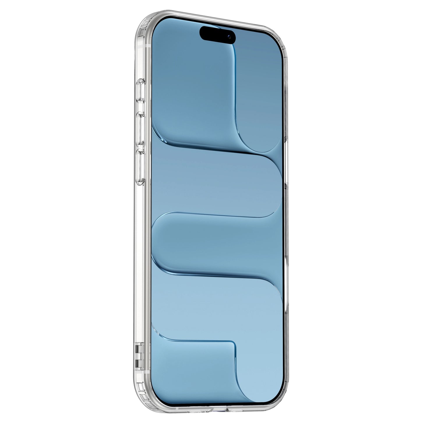 Das arktis iPhone Air PureCase mit MagSafe von arktis besteht aus einer durchsichtigen, stoßfesten Hülle, die ein Smartphone mit einem blauen, abstrakten Design auf dem Display zeigt, das aus einem bestimmten Winkel betrachtet wird.