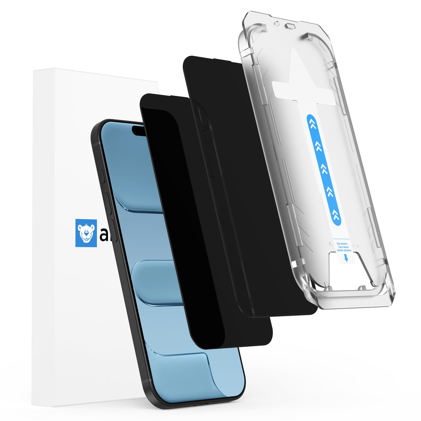 Explosionszeichnung eines Smartphones mit der arktis iPhone Air PRIVACY Displayschutzfolie - Staubfrei ohne Blasen, einer arktis Sichtschutzfolie, Klarsichthülle und Produktverpackung.