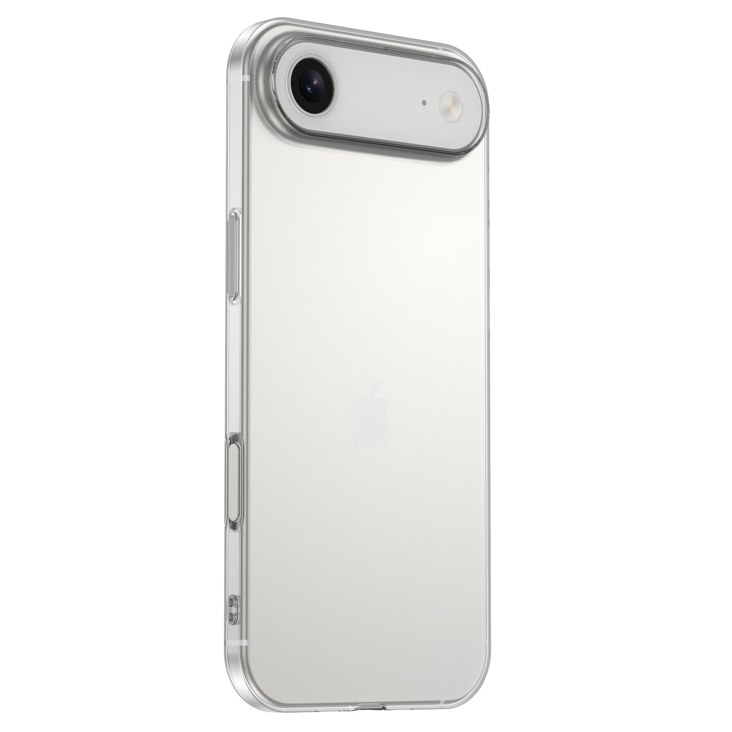 Ein silbernes Smartphone mit dem arktis iPhone 17 Air ZERO Case - einer ultradünnen, transparenten Hülle von arktis - mit einer einzelnen Rückkamera und Blitz in der oberen linken Ecke.