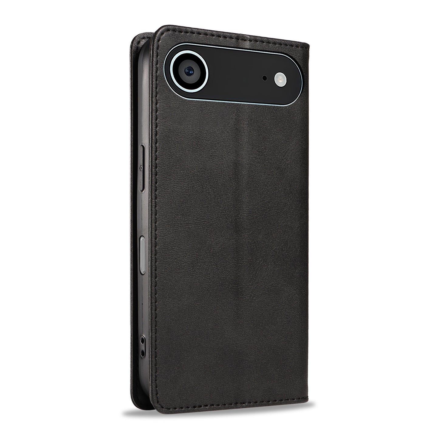 Ein arktis iPhone 17 Air Book Case in schwarzem Kunstleder steht aufrecht auf weißem Hintergrund und zeigt die Kameraseite.