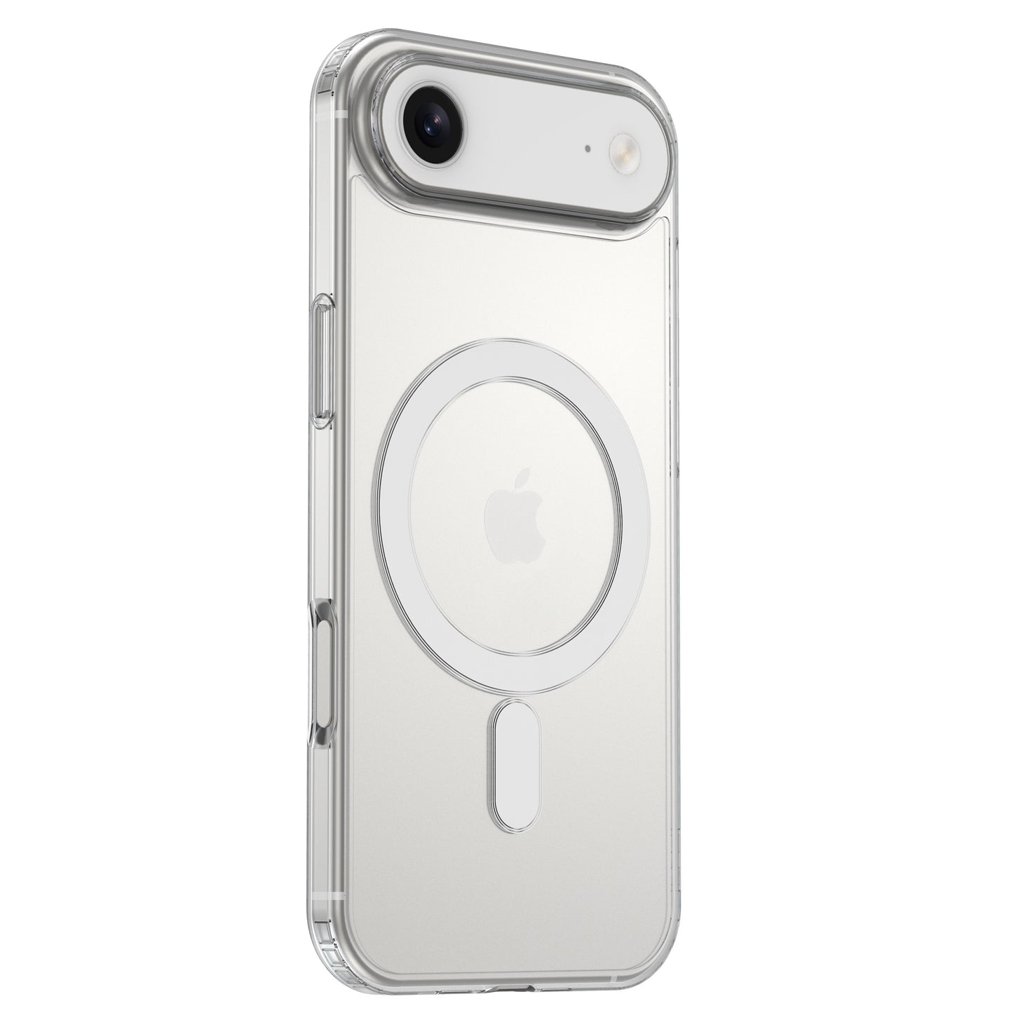 Ein silbernes iPhone im arktis iPhone Air PureCase mit MagSafe-transparent, stoßfest, MagSafe-kompatibel-von arktis; Apple-Logo und MagSafe-Ring sichtbar.