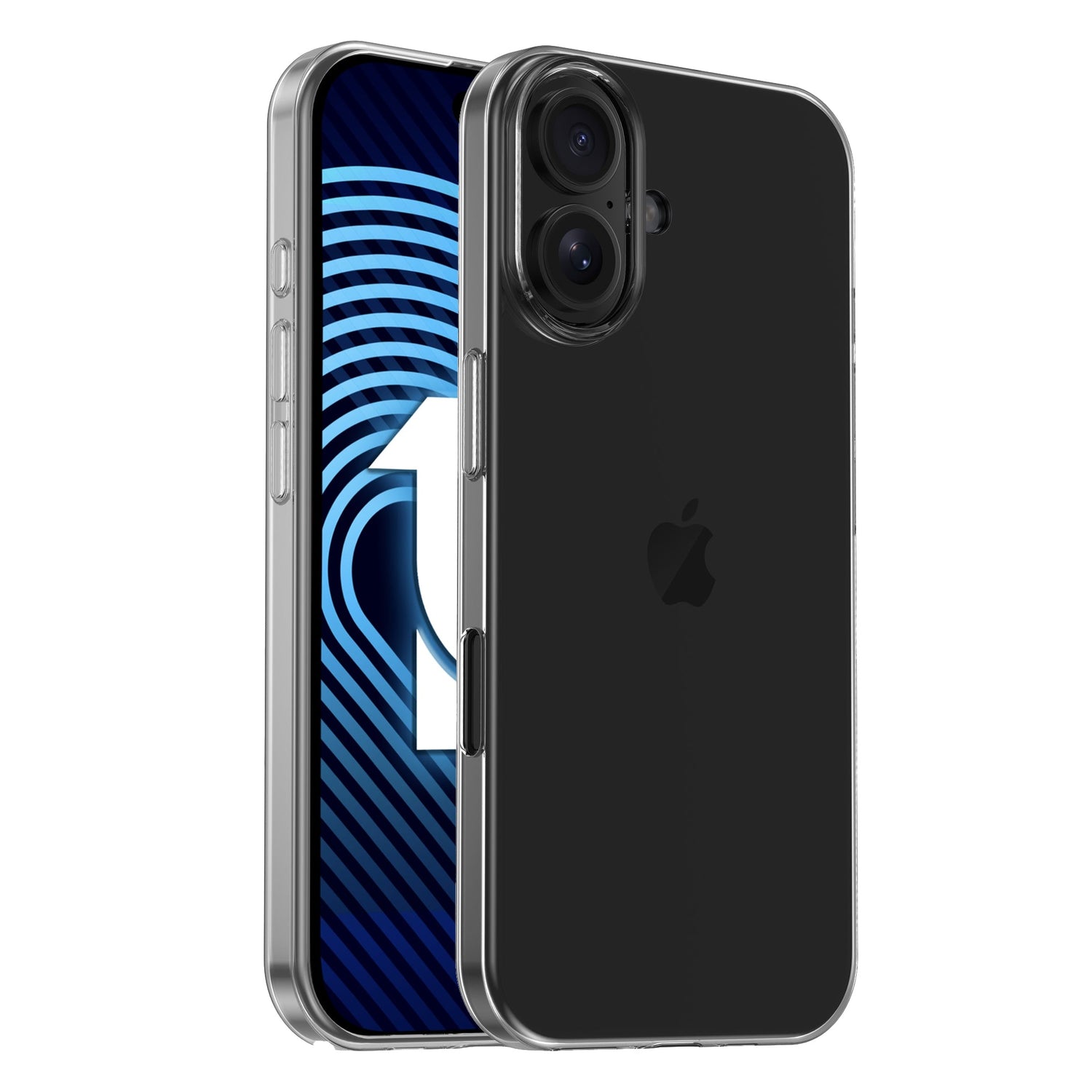 Ein schwarzes iPhone mit Apple-Logo und Dual-Lens-Kamera ist im arktis iPhone 16 Plus Air Case ultradünn von arktis abgebildet, neben einem weiteren Telefon mit blau-weißen kreisförmigen Mustern.