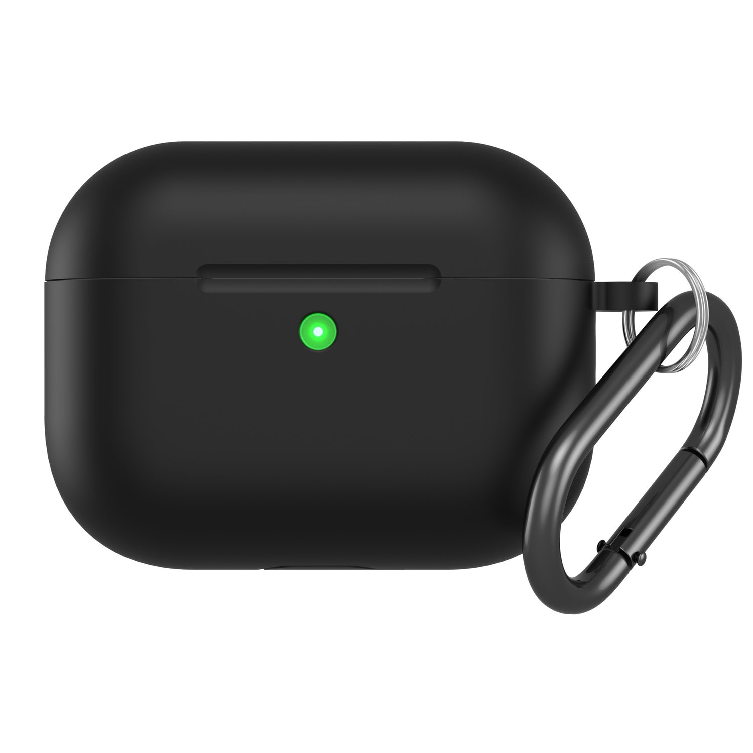 Arktis AirPods Pro 3 Silikon Case von arktis in Schwarz mit grünem LED-Anzeigefeld und schwarzem Karabiner; kabelloses Laden möglich & stoßfest für optimalen Schutz.