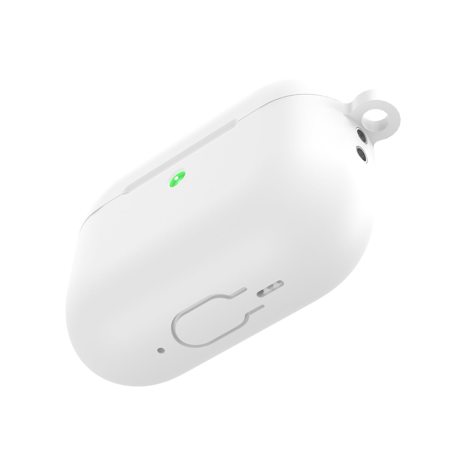 Arktis AirPods Pro 3 Silikon Case in Weiß verfügt über eine grüne Kontrollleuchte, eine integrierte Schlüsselringschlaufe, stoßfeste Hülle und unterstützt kabelloses Laden. Wird auf einem weißen Hintergrund angezeigt.