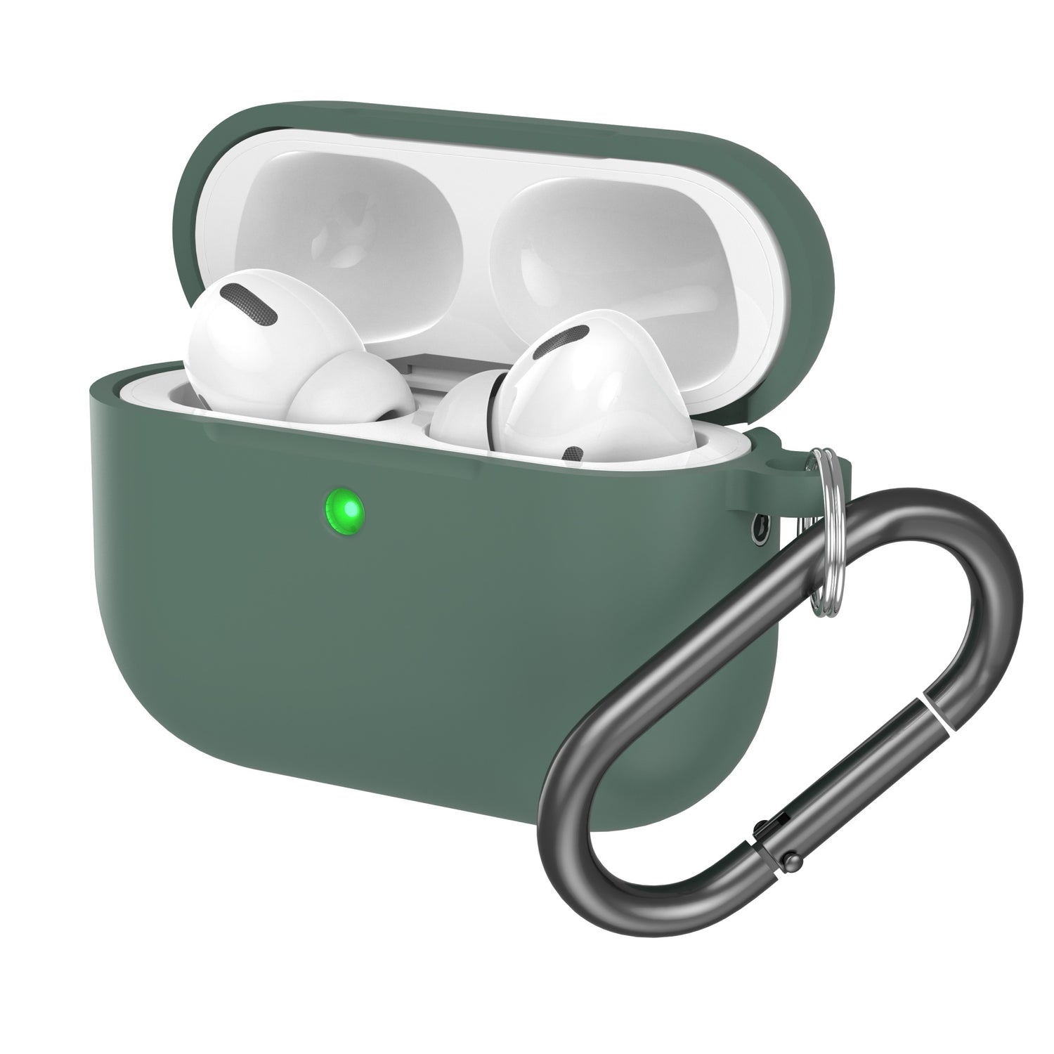 Das arktis AirPods Pro 3 Silikon Case von arktis verfügt über einen Karabinerhaken, einen aufklappbaren Deckel, der den Blick auf die Ohrhörer freigibt, ein sichtbares grünes LED-Licht und unterstützt kabelloses Laden. Das stoßfeste Etui bietet zusätzlichen Schutz.