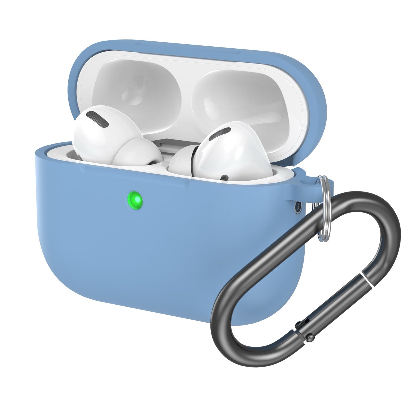 Das arktis AirPods Pro 3 Silikon Case von arktis verfügt über ein blaues Design mit grünem Ladelicht, gibt die Ohrstöpsel beim Öffnen frei, enthält einen Metallkarabiner, ist stoßfest und unterstützt kabelloses Laden.