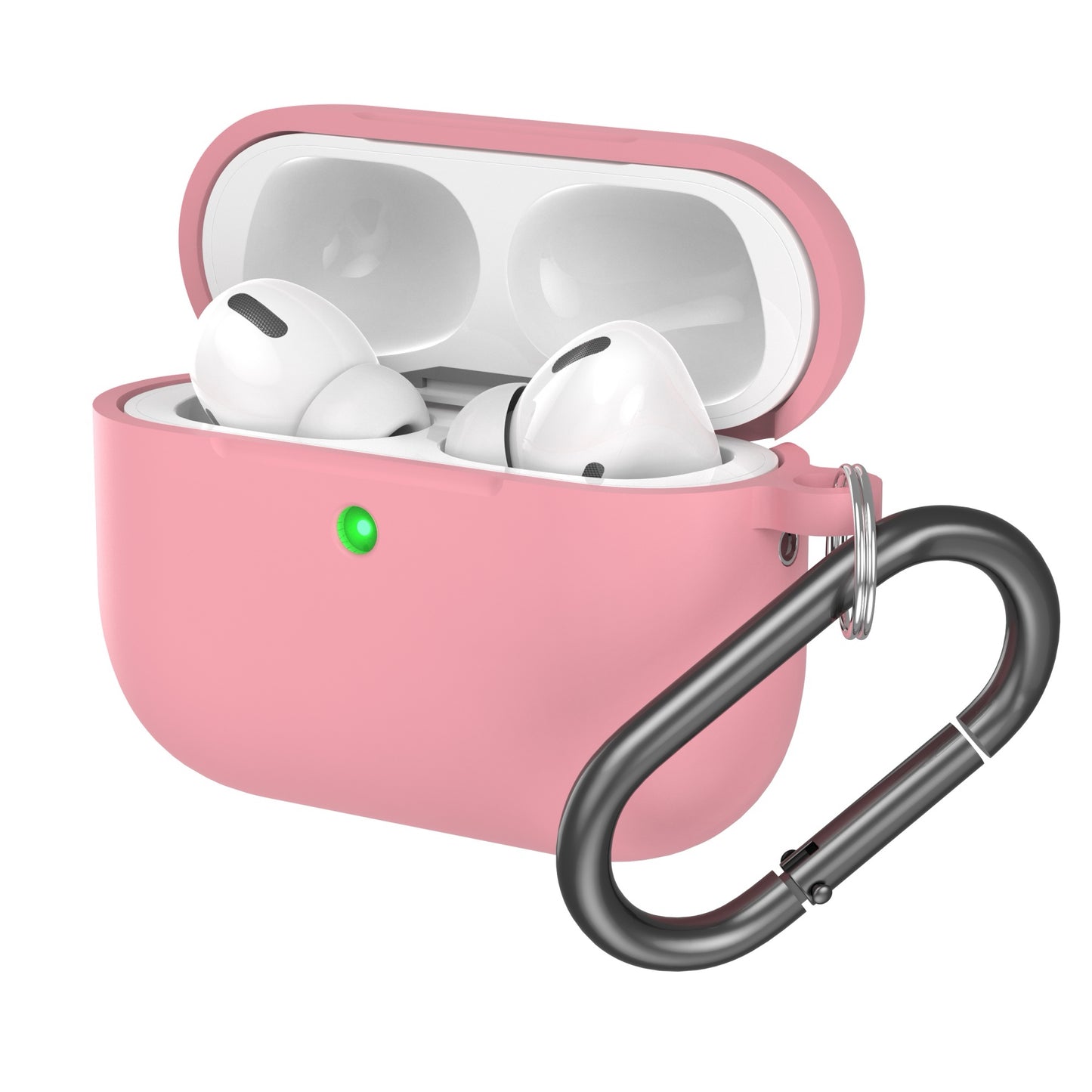 Arktis AirPods Pro 3 Silikon Case in Pink, abgebildet mit geöffnetem Deckel, der den Blick auf die Ohrstöpsel freigibt, schwarzer Karabiner befestigt; stoßfeste Hülle von arktis unterstützt kabelloses Laden für bequemes Aufladen.