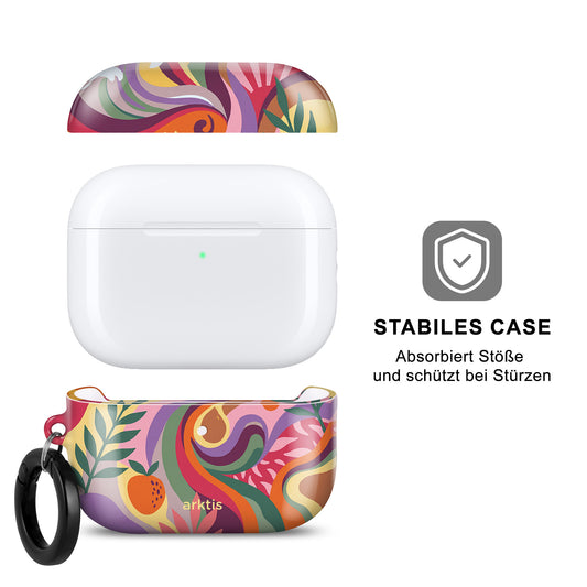 Die „arktis AirPods Pro 3 Hülle – Summer“ von arktis besticht durch ein farbenfrohes Muster, einen schwarzen Karabinerhaken, robusten Schutz und unterstützt das kabellose Laden. Zur Veranschaulichung der Details ist sie hier zerlegt abgebildet.
