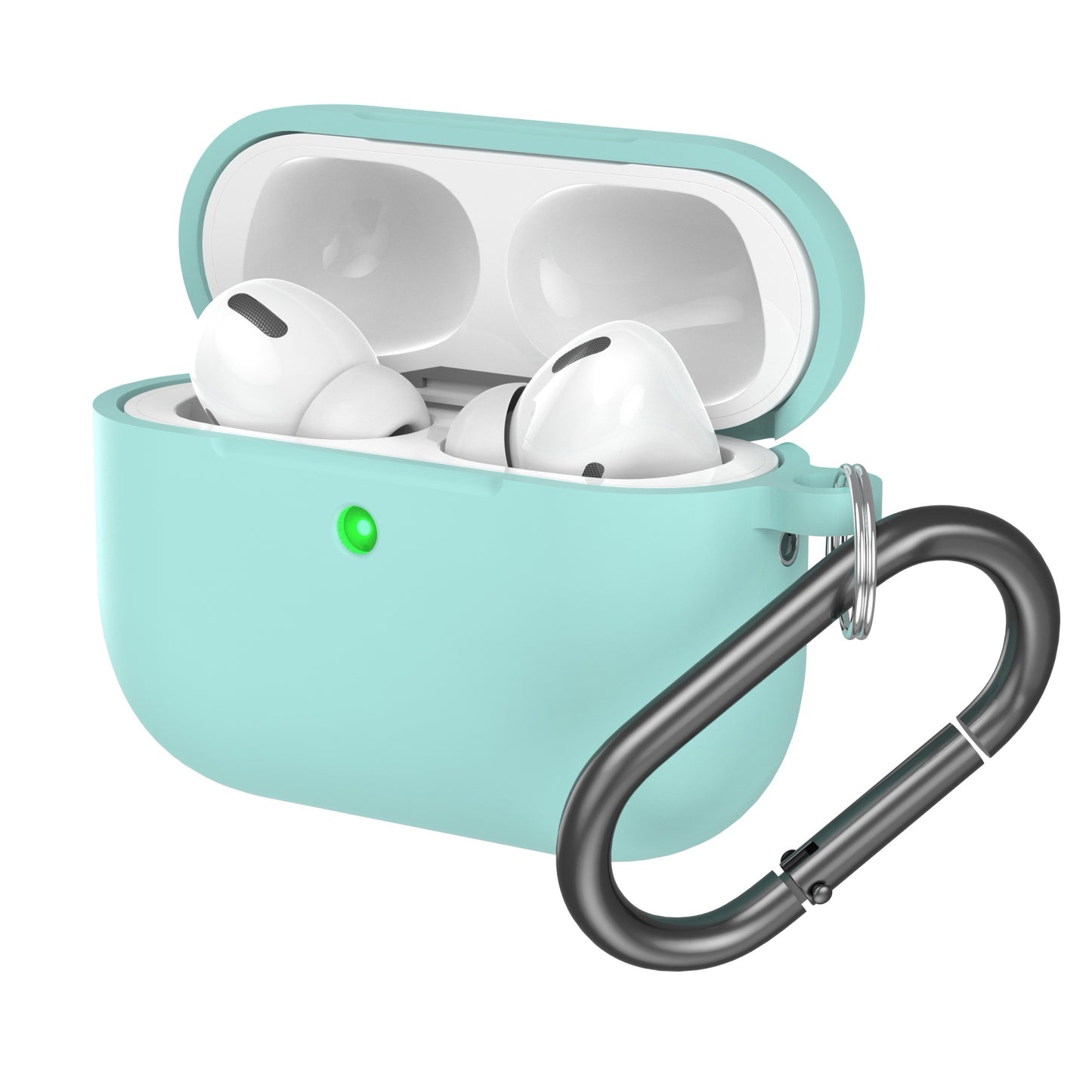 Das arktis AirPods Pro 3 Silikon Case in Aquablau, mit einem Schlüsselanhänger-Clip und einem aufklappbaren Deckel, der die AirPods im Inneren offenbart, bietet stoßfesten Schutz und unterstützt kabelloses Laden für den täglichen Gebrauch.