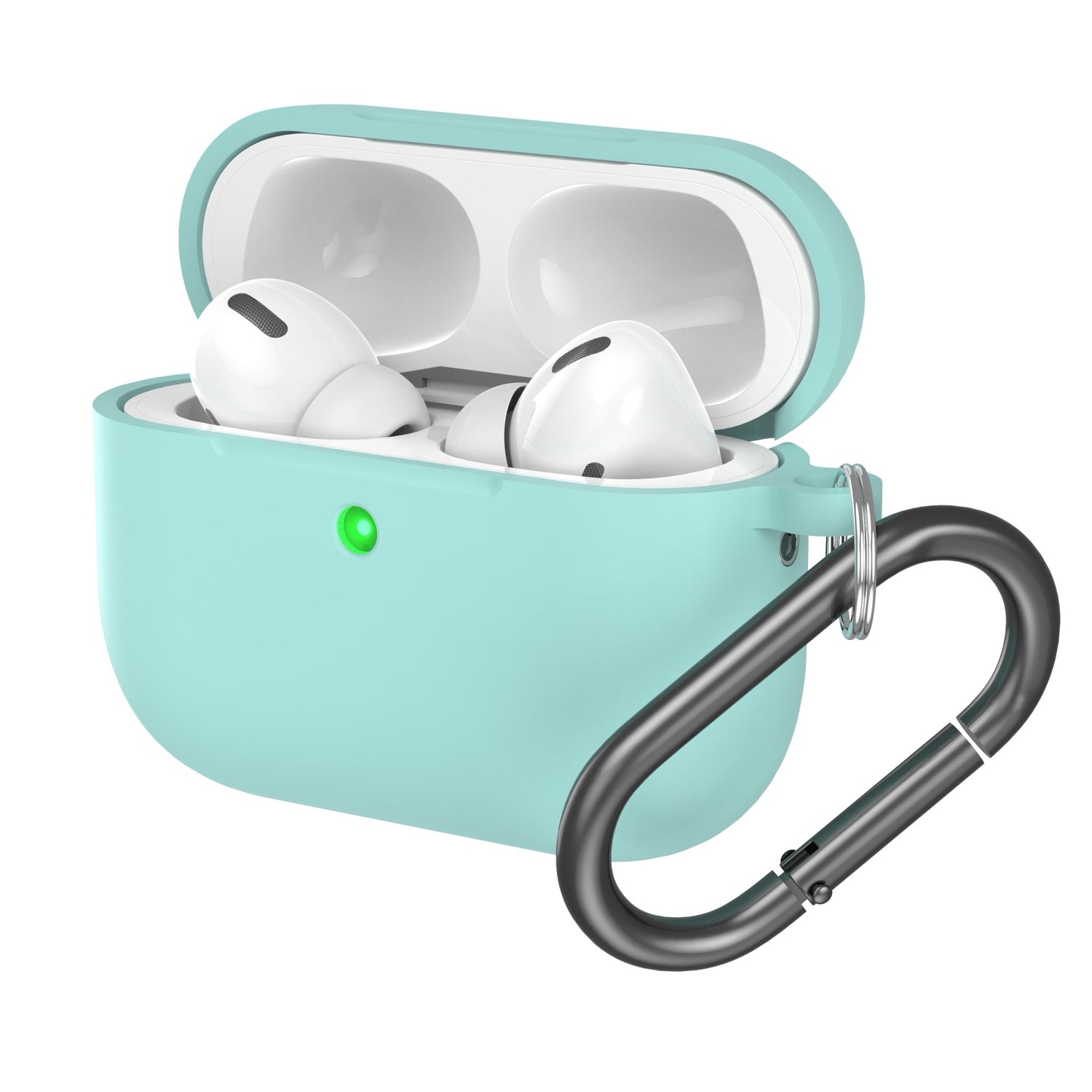 Das arktis AirPods Pro 3 Silikon Case in Aquablau, mit einem Schlüsselanhänger-Clip und einem aufklappbaren Deckel, der die AirPods im Inneren offenbart, bietet stoßfesten Schutz und unterstützt kabelloses Laden für den täglichen Gebrauch.