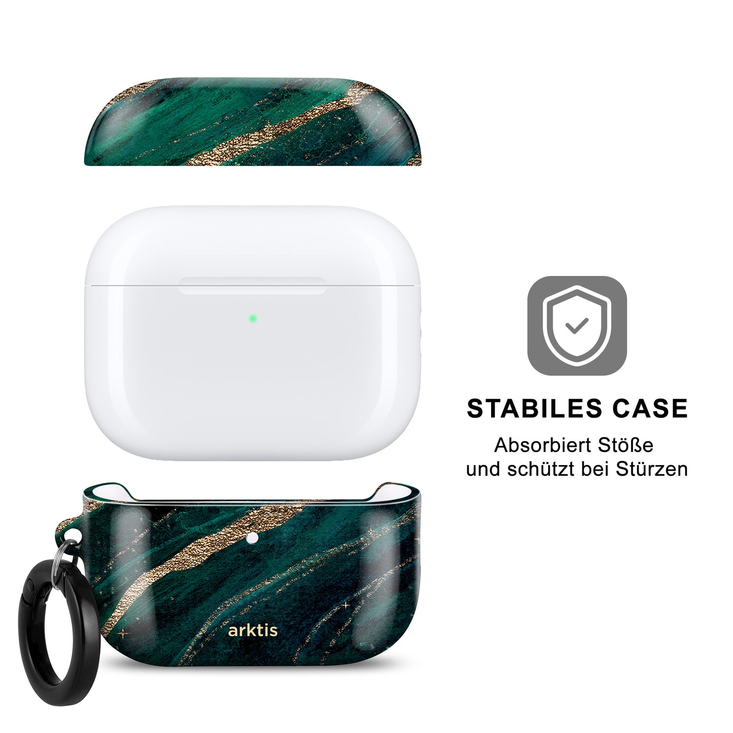 Die „Arktis AirPods Pro 3 Hülle – Green Marble“ von arktis besticht durch einen grün-goldenen Marmor-Look, einen schwarzen Clip sowie deutsche Beschriftungen, die auf Stabilität, Stoßschutz und kabelloses Laden hinweisen.