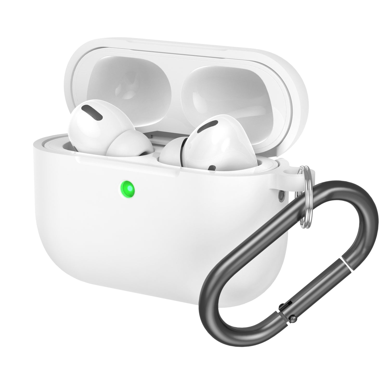 Das arktis AirPods Pro 3 Silikon Case von arktis verfügt über eine stoßfeste Hülle, grünes Licht, schwarzen Karabiner und unterstützt kabelloses Laden - perfekt für Ihre weißen Wireless Earbuds.