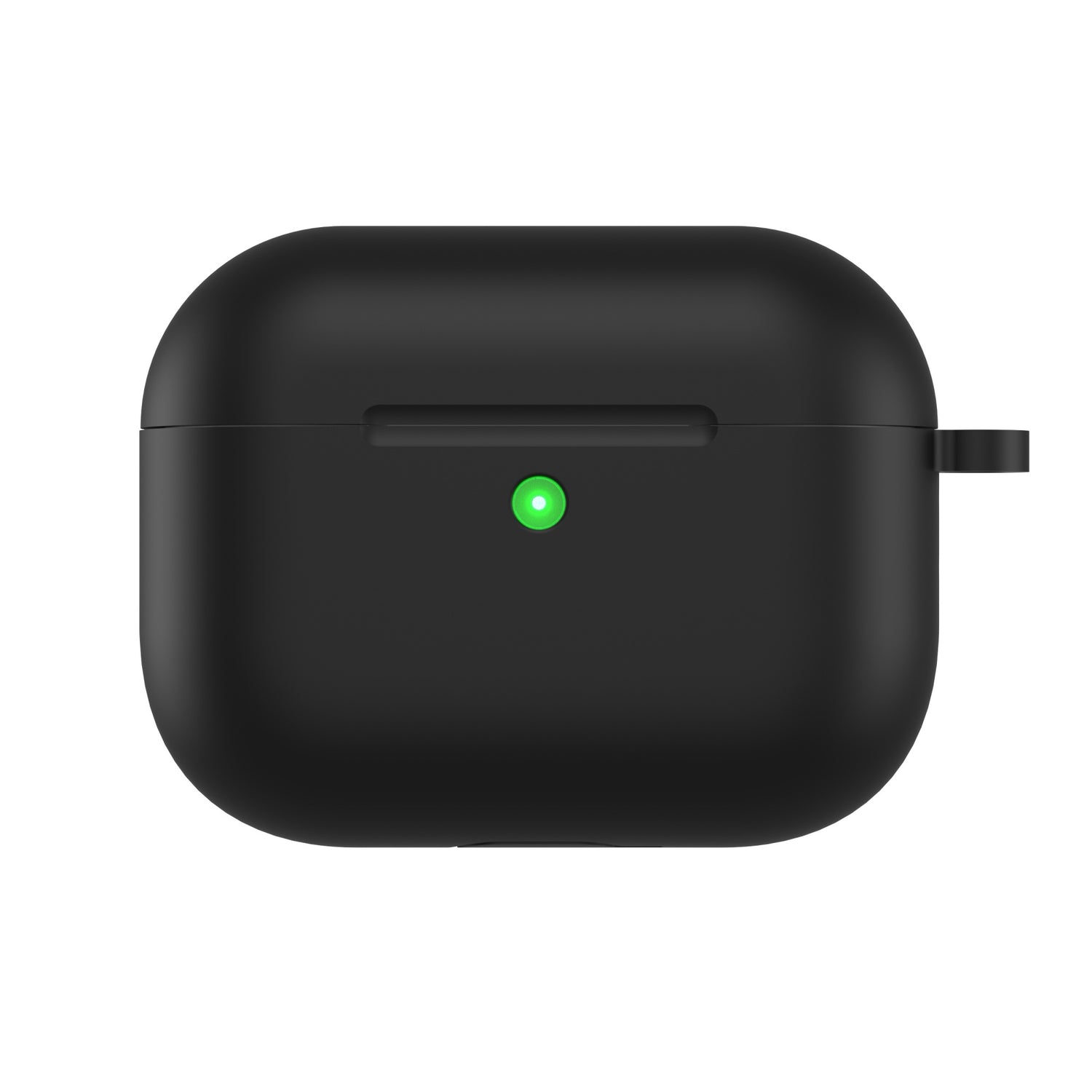 Das arktis AirPods Pro 3 Silikon Case von arktis ist schwarz, verfügt über eine grüne LED-Anzeige, unterstützt kabelloses Laden, hat eine stoßfeste Hülle und ist isoliert auf einem weißen Hintergrund abgebildet.