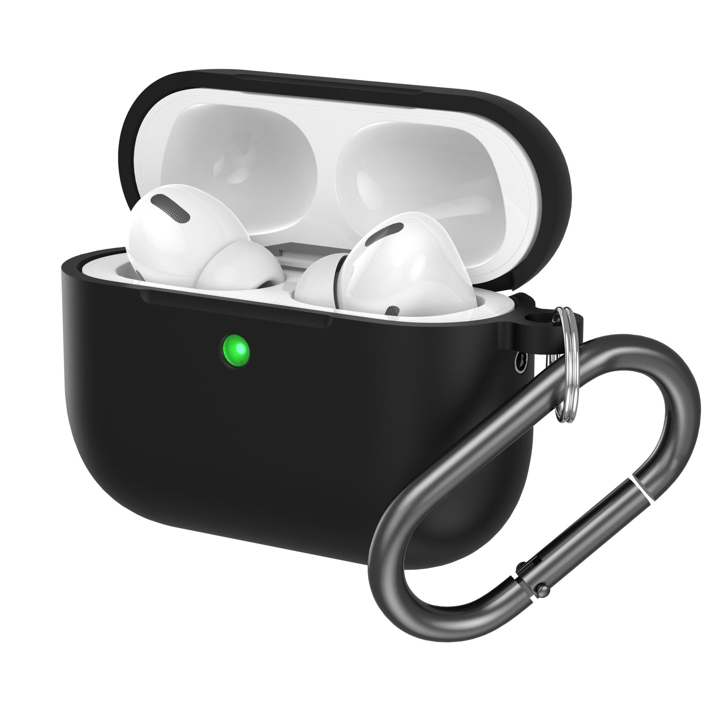 Das arktis AirPods Pro 3 Silikon Case von arktis verfügt über eine grüne LED, gibt die Ohrstöpsel beim Öffnen frei, bietet eine stoßfeste Hülle zum Schutz und enthält einen Metallkarabiner.