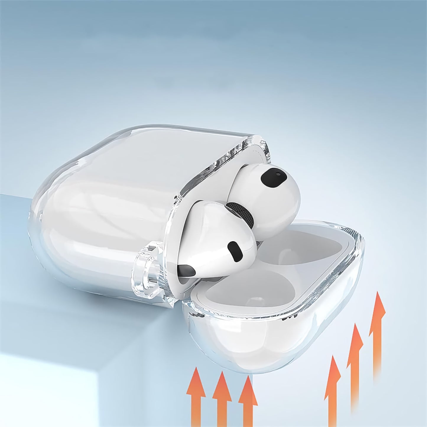 Das arktis AirPods 4 Air Case von arktis ist ein durchsichtiges TPU-Silikon-Case für kabellose Ohrhörer mit nach oben zeigenden Belüftungspfeilen auf einer blauen Oberfläche – perfekt für kabelloses Laden.