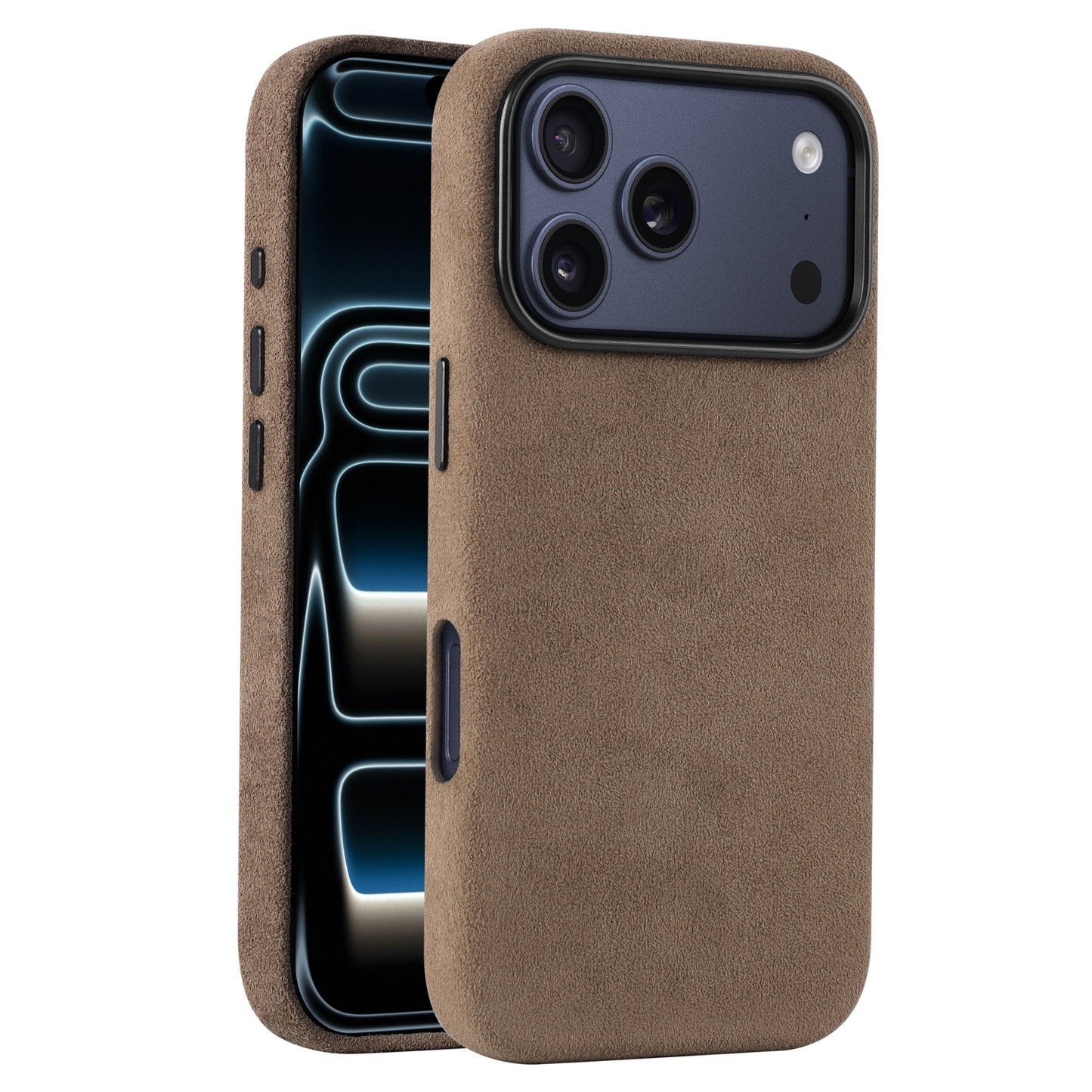 Die arktis iPhone 17 Pro Hülle aus Alcantara, hier in braunem Wildleder, setzt sowohl das Frontdisplay als auch die Rückkamera elegant in Szene. Sie wird in Italien von arktis hergestellt und garantiert Premium-Qualität und Stil für Ihr Gerät.