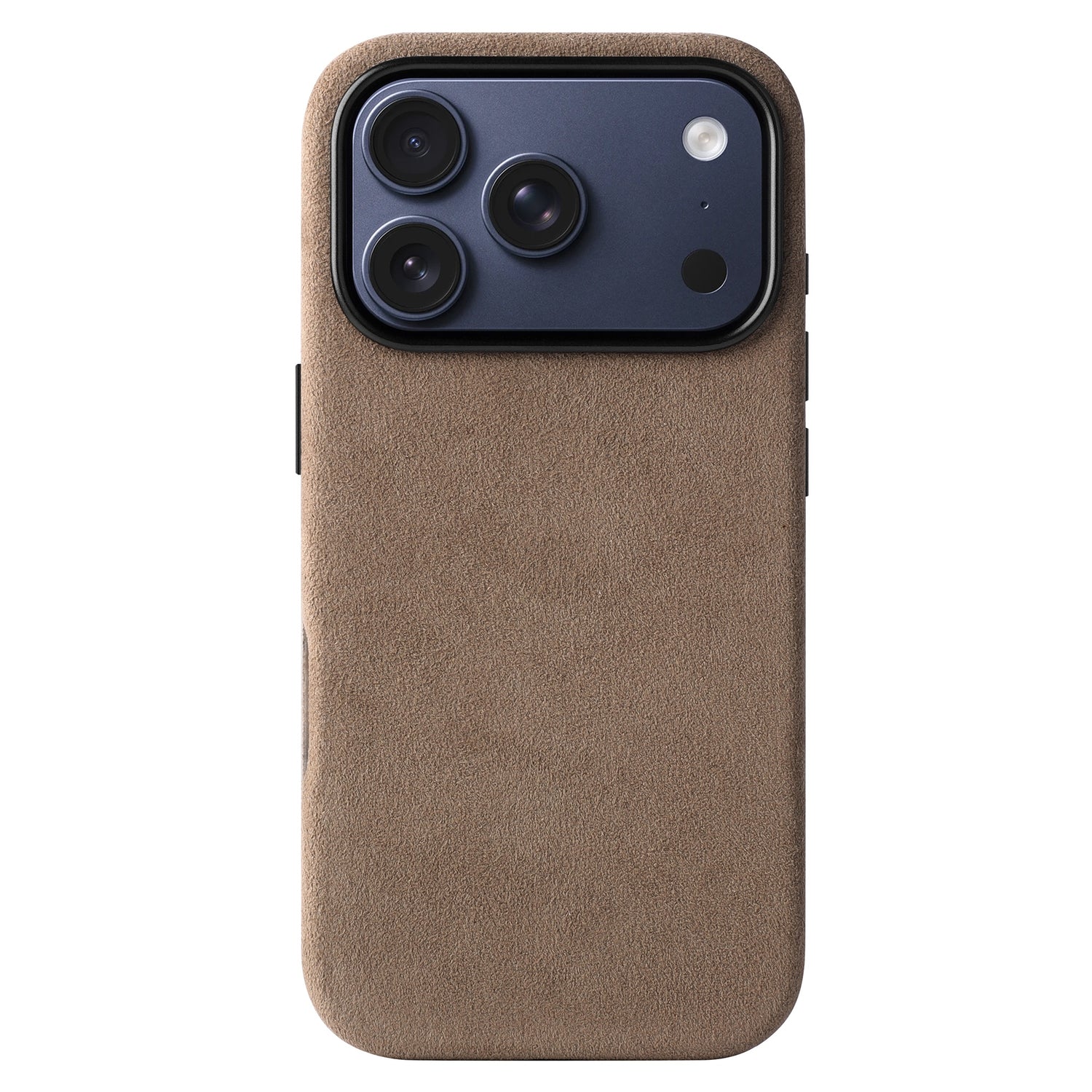 Die arktis iPhone 17 Pro Hülle aus Alcantara verfügt über braunes Wildleder, zwei Aussparungen für die hintere Kamera und eine Blitzöffnung - von arktis fachmännisch gefertigt und in Italien hergestellt.