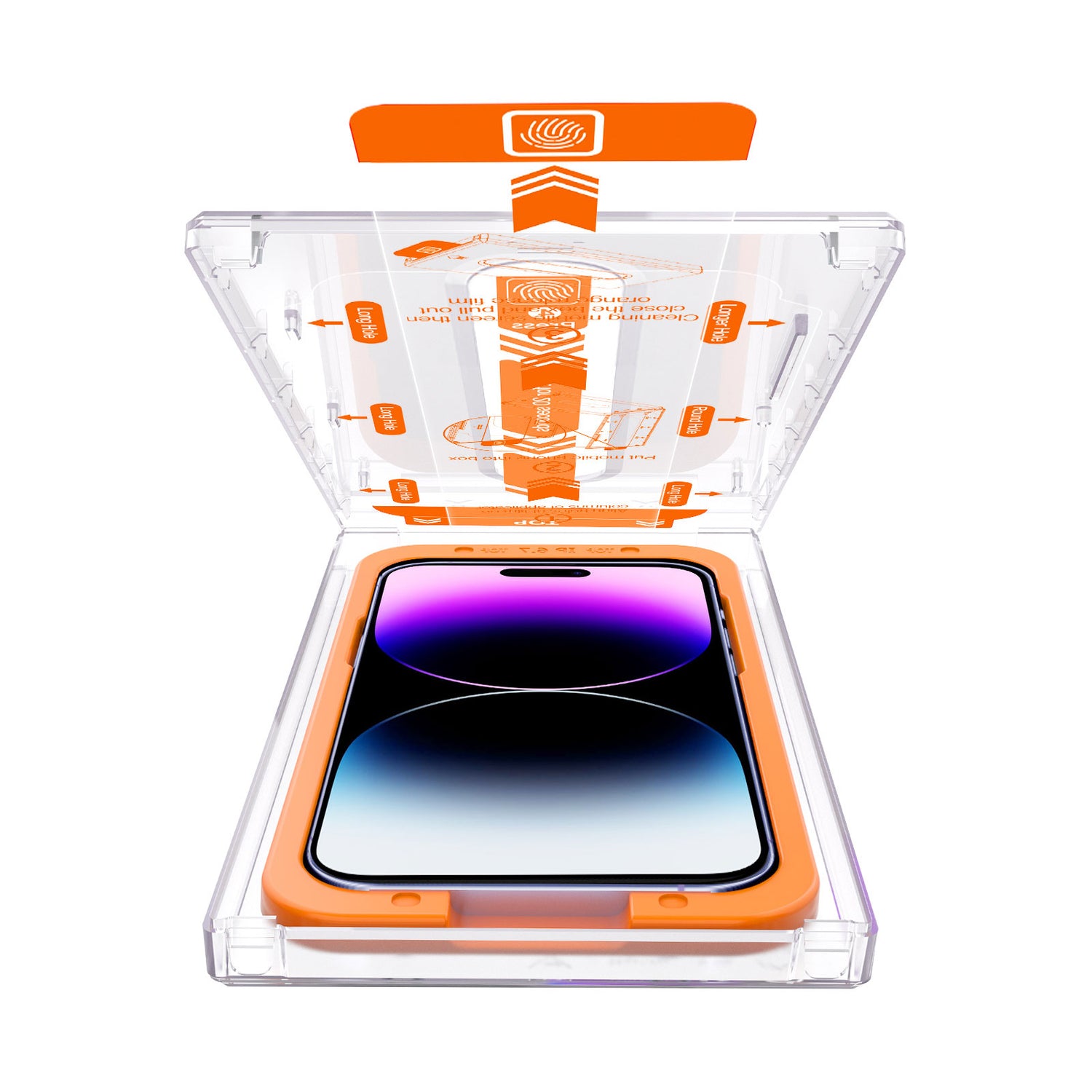 Ein Smartphone in einer orangefarbenen Schutzhülle befindet sich in einer durchsichtigen, offenen Plastikbox mit orangefarbenen Akzenten.