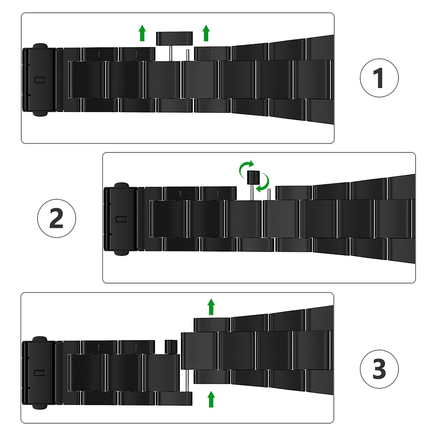 Drei-Schritte-Diagramm zum Entfernen eines Glieds vom arktisband Apple Watch Gliederarmband "Prime": Stift herausdrücken, Glied mit einem Werkzeug entfernen und Stift wieder einstecken, um die Verbindung wiederherzustellen. Passgenau für Ihre Apple Watch von arktisband.