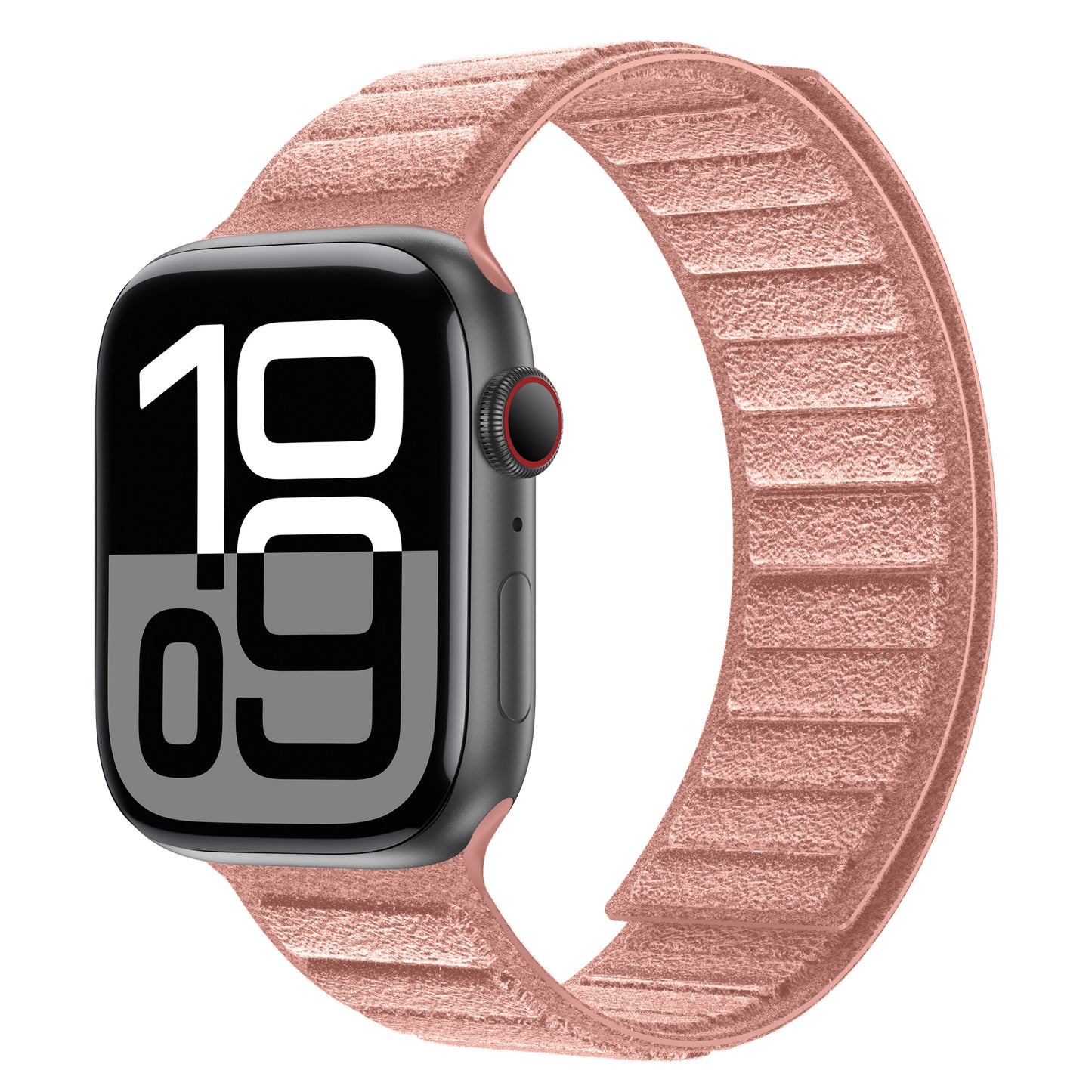 Das arktisband Apple Watch magnetisches Armband aus Alcantara hat ein strukturiertes rosa Band und eine große Digitalanzeige auf weißem Hintergrund.