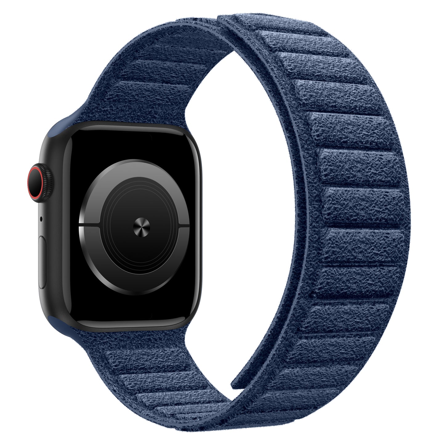 Eine schwarze Smartwatch mit arktisband Apple Watch magnetisches Armband aus Alcantara in dunkelblau, dargestellt auf weißem Hintergrund.
