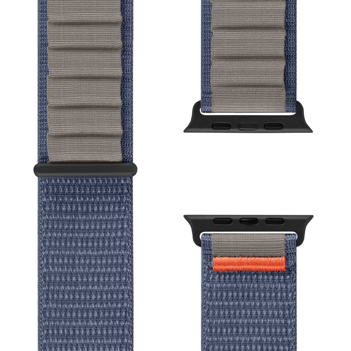 Eine Nahaufnahme des arktisband Apple Watch Armbands „Explorer“: ein blau-grau gewebtes, strapazierfähiges Band von arktisband mit schwarzen Verbindungsstücken und orangefarbenen Nähten am Ende, aus verschiedenen Winkeln gezeigt.