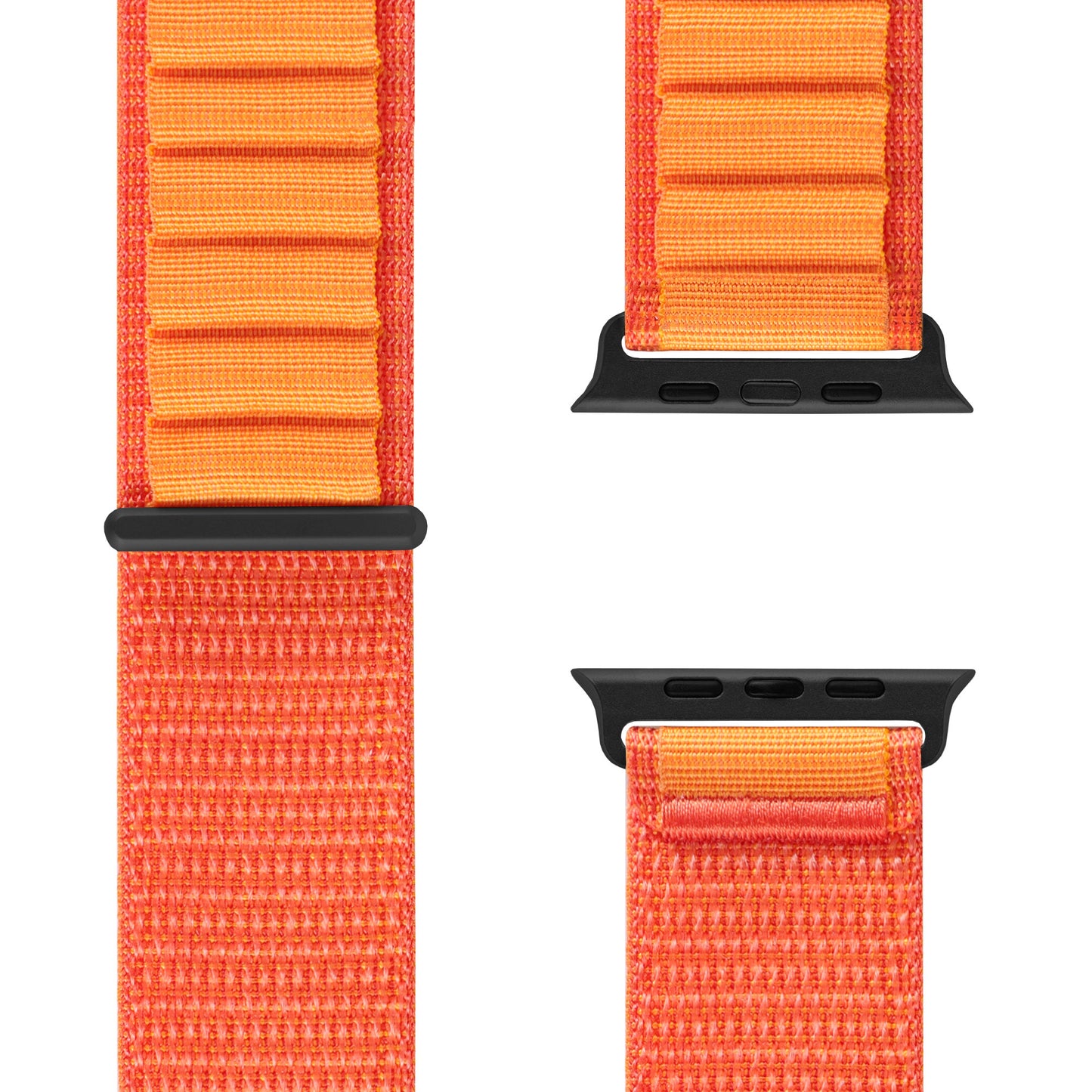 Nahaufnahme des Arktisband Apple Watch Armbands „Explorer“ in Orange und Gelb mit Klettverschluss und schwarzen Anschlüssen. Die Bilder zeigen das robuste Armband, die Textur, die Nähte und die Befestigungsenden aus verschiedenen Blickwinkeln.