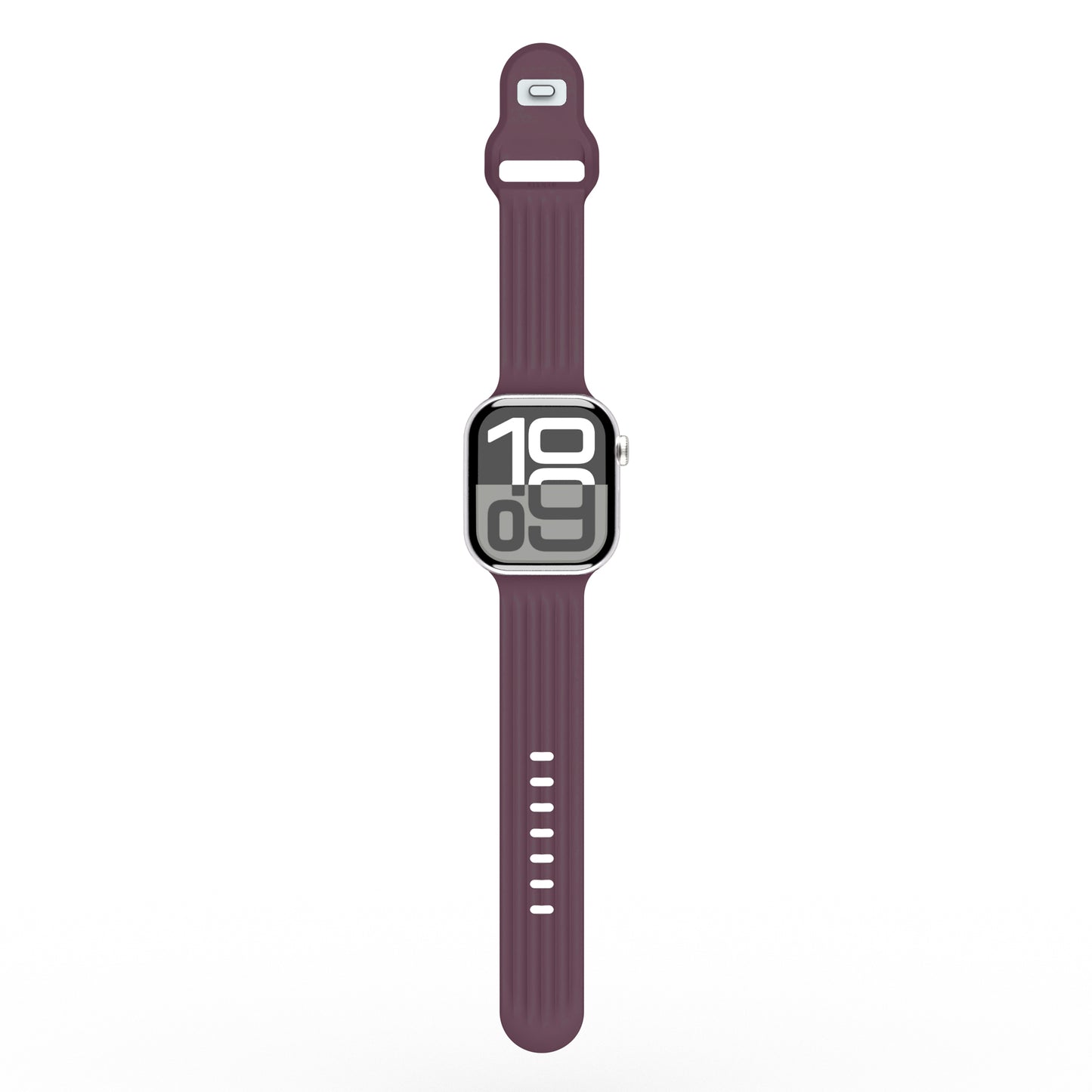 Das arktisband Apple Watch Armband "Skandi" besteht aus einem kastanienbraunen Fluorelastomer-Armband und zeigt ein von Skandi inspiriertes Design auf einer Digitalanzeige, die auf 10:09 eingestellt ist.