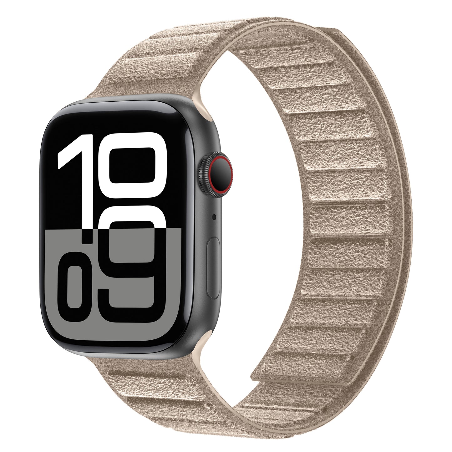 Das arktisband Apple Watch magnetisches Armband aus Alcantara ist ein beigefarbenes, in Italien hergestelltes Smartwatch-Band, das sich durch hochwertiges Material und eine große digitale Zeitanzeige auf dem Bildschirm auszeichnet.