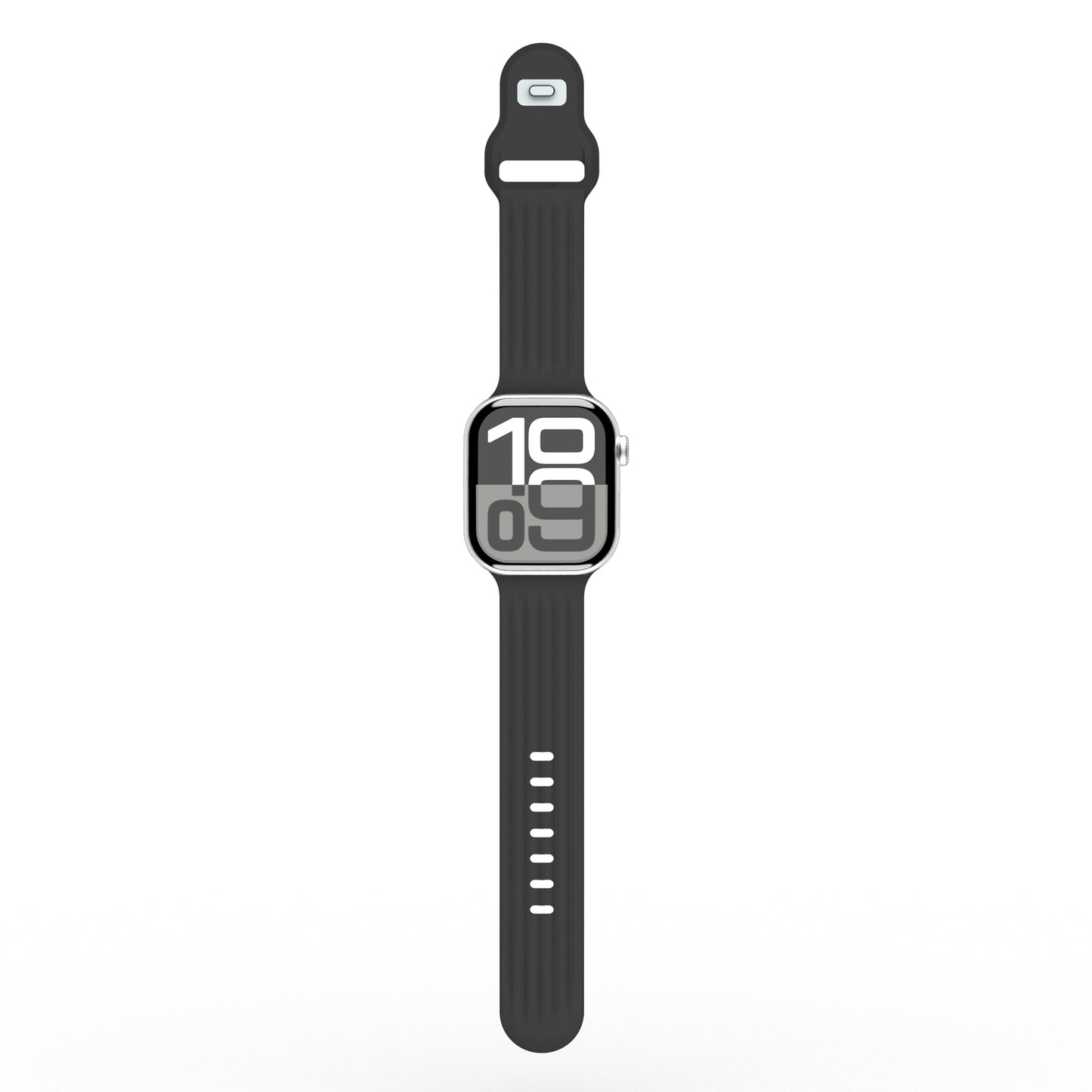 Eine schwarze Smartwatch mit einer großen Digitalanzeige, die 10:09 auf weißem Hintergrund anzeigt, mit dem stylischen und bequemen arktisband Apple Watch Armband "Skandi" von arktisband.