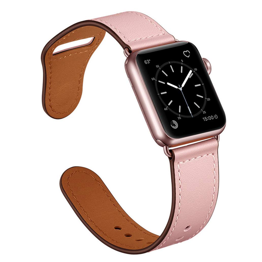 Eine roségoldene Smartwatch mit schwarzem Analogdisplay wird mit dem arktisband Apple Watch Lederarmband "Novus" in Pink kombiniert, dessen braune Innenseite für mehr Komfort sorgt. Das Display zeigt Symbole und Zahlen in den Ecken. Marke: arktisband.
