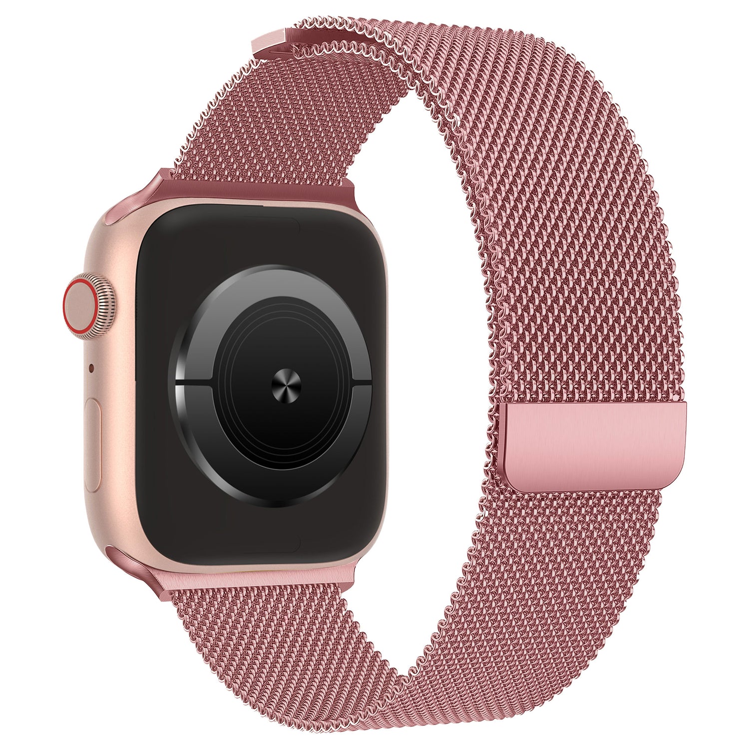 Eine roségoldene Apple Watch mit leerem Bildschirm ist schräg abgebildet, mit dem arktisband Apple Watch Milanaise Loop Armband von arktisband.