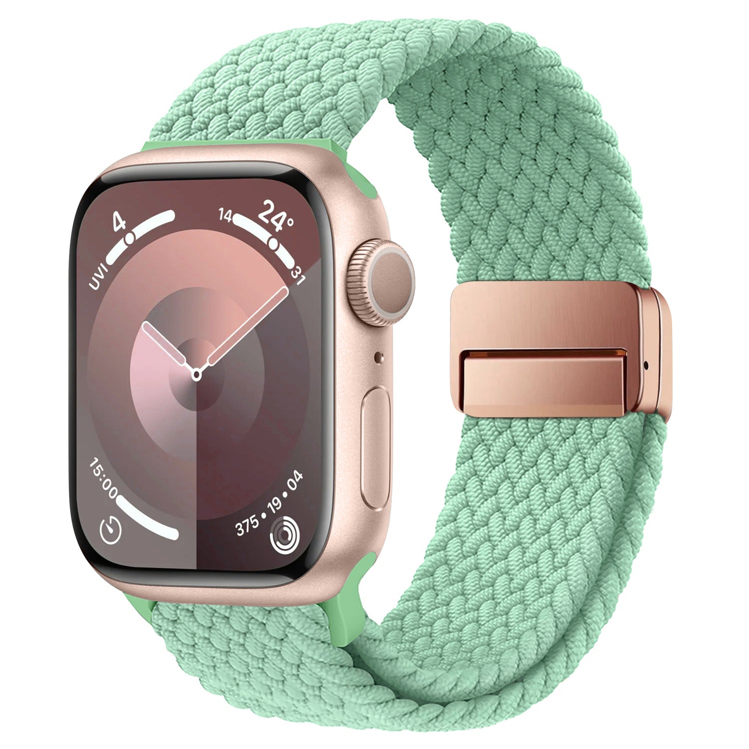 Das arktisband Geflochtene Apple Watch Armband „Casual“ mit Magnetverschluss kombiniert ein mintgrünes geflochtenes Armband mit Ihrer Apple Watch und ergänzt perfekt ein roségoldenes Gehäuse und eine kreisförmige digitale Schnittstelle.