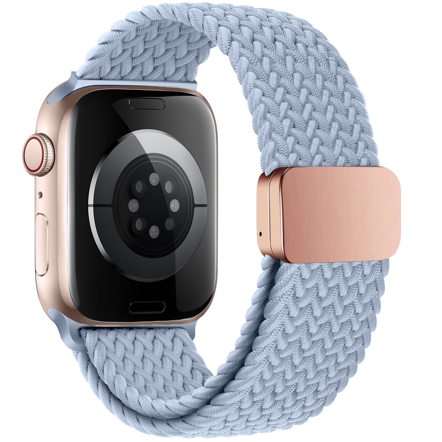Das arktisband Geflochtene Apple Watch Armband „Casual“ mit Magnetverschluss ist in Hellblau auf einer Smartwatch mit Roségoldgehäuse von der Rückseite zu sehen.