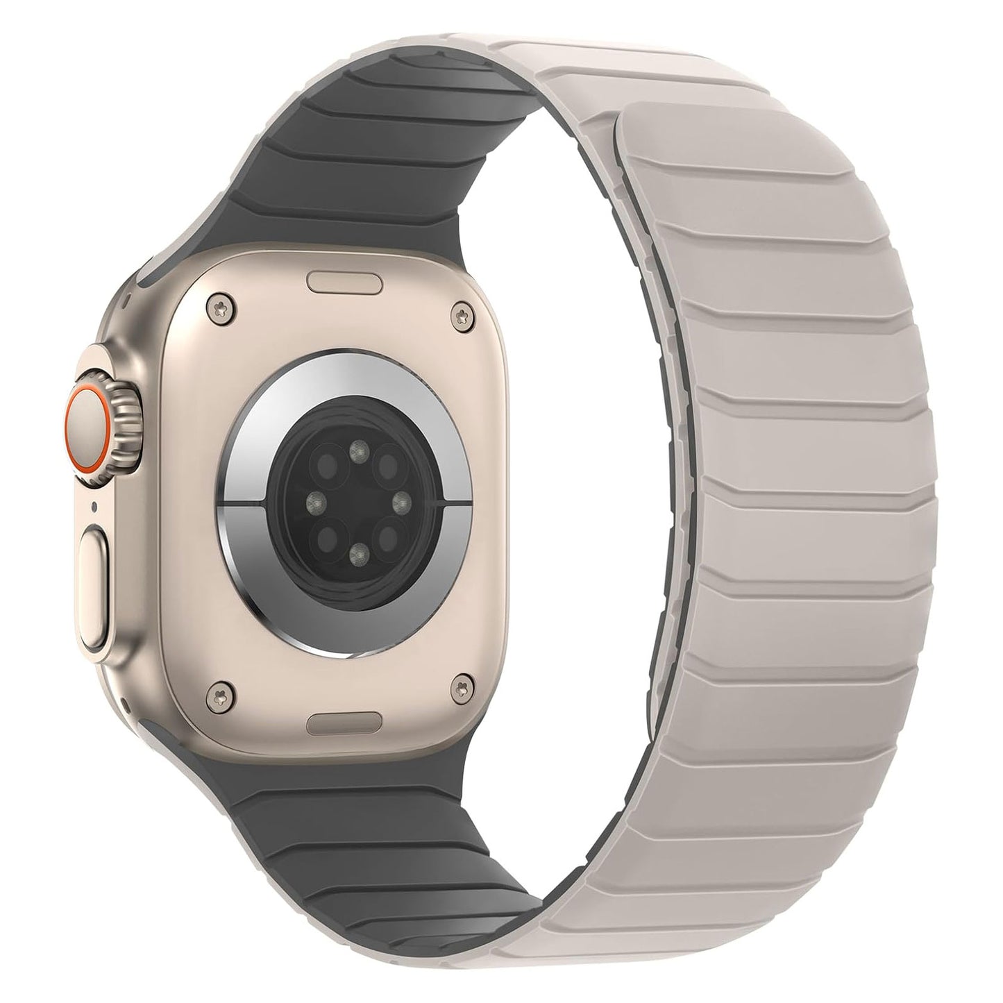Rückansicht des Arktisband Apple Watch magnetisches Armband „MagFlow“: beiges, segmentiertes Silikonarmband mit sichtbaren Sensoren auf der Unterseite, ausgelegt für magnetischen Halt.