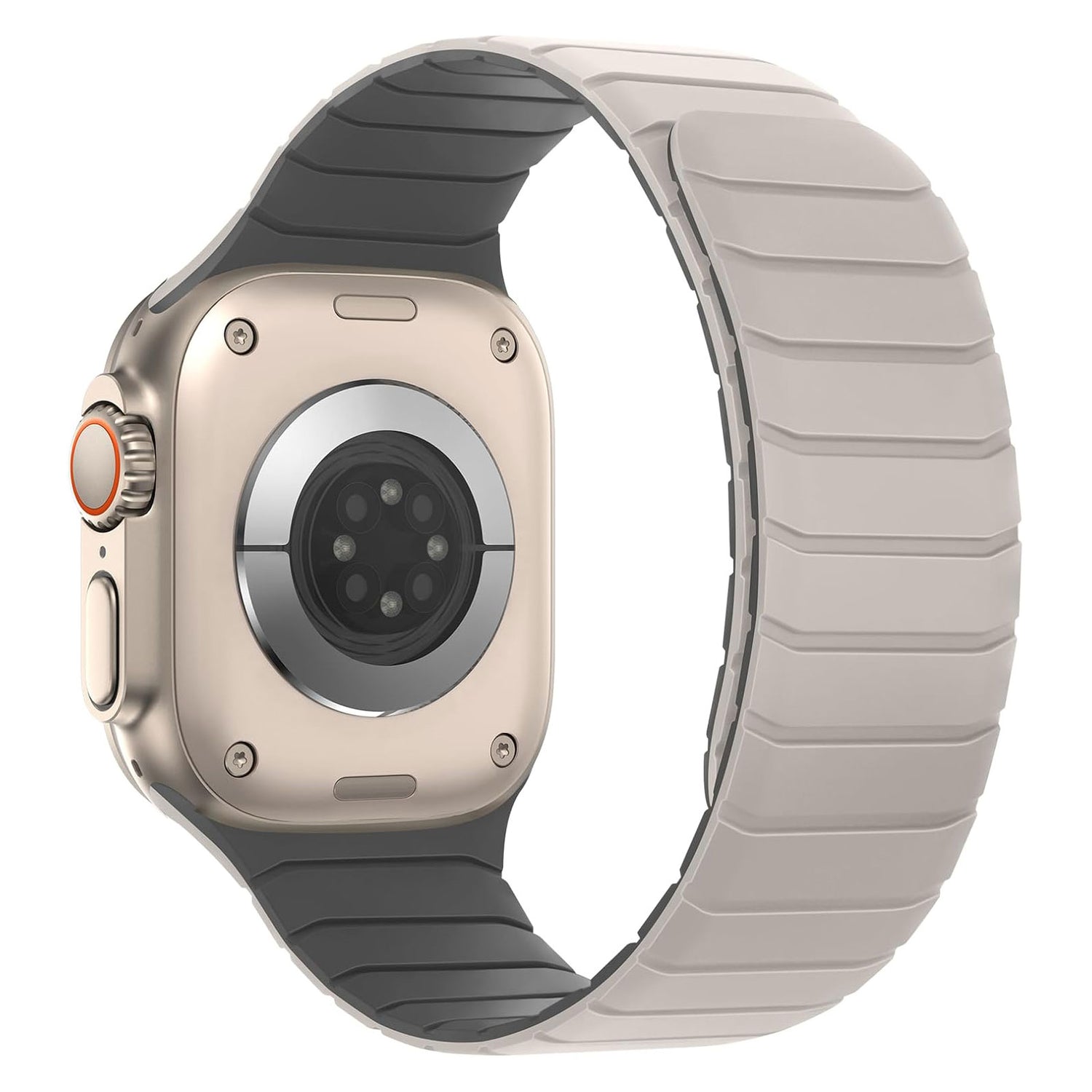 Rückansicht des Arktisband Apple Watch magnetisches Armband „MagFlow“: beiges, segmentiertes Silikonarmband mit sichtbaren Sensoren auf der Unterseite, ausgelegt für magnetischen Halt.