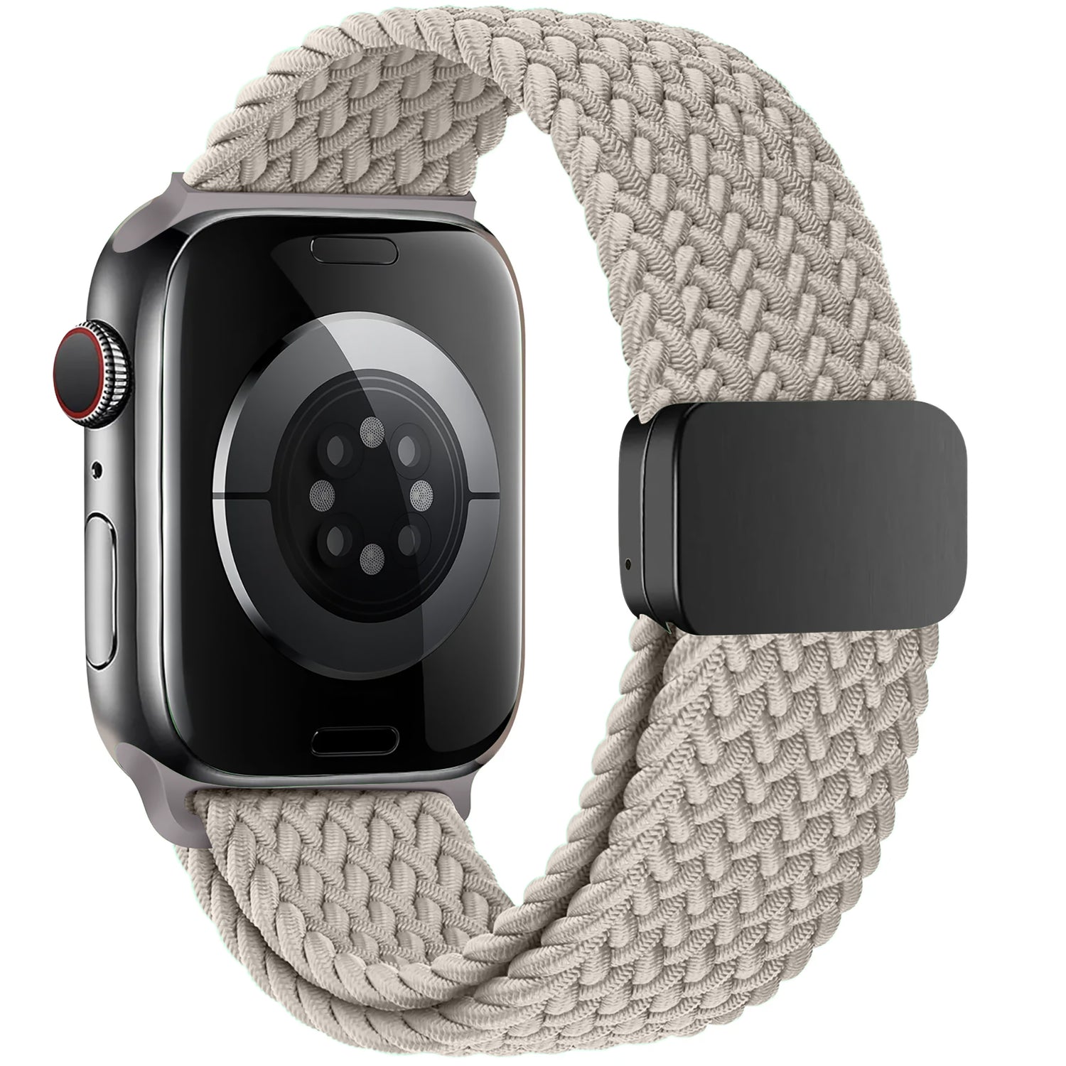 Das arktisband Geflochtenes Apple Watch Armband "Casual" in Beige mit schwarzem Magnetverschluss ist von der Rückseite abgebildet.