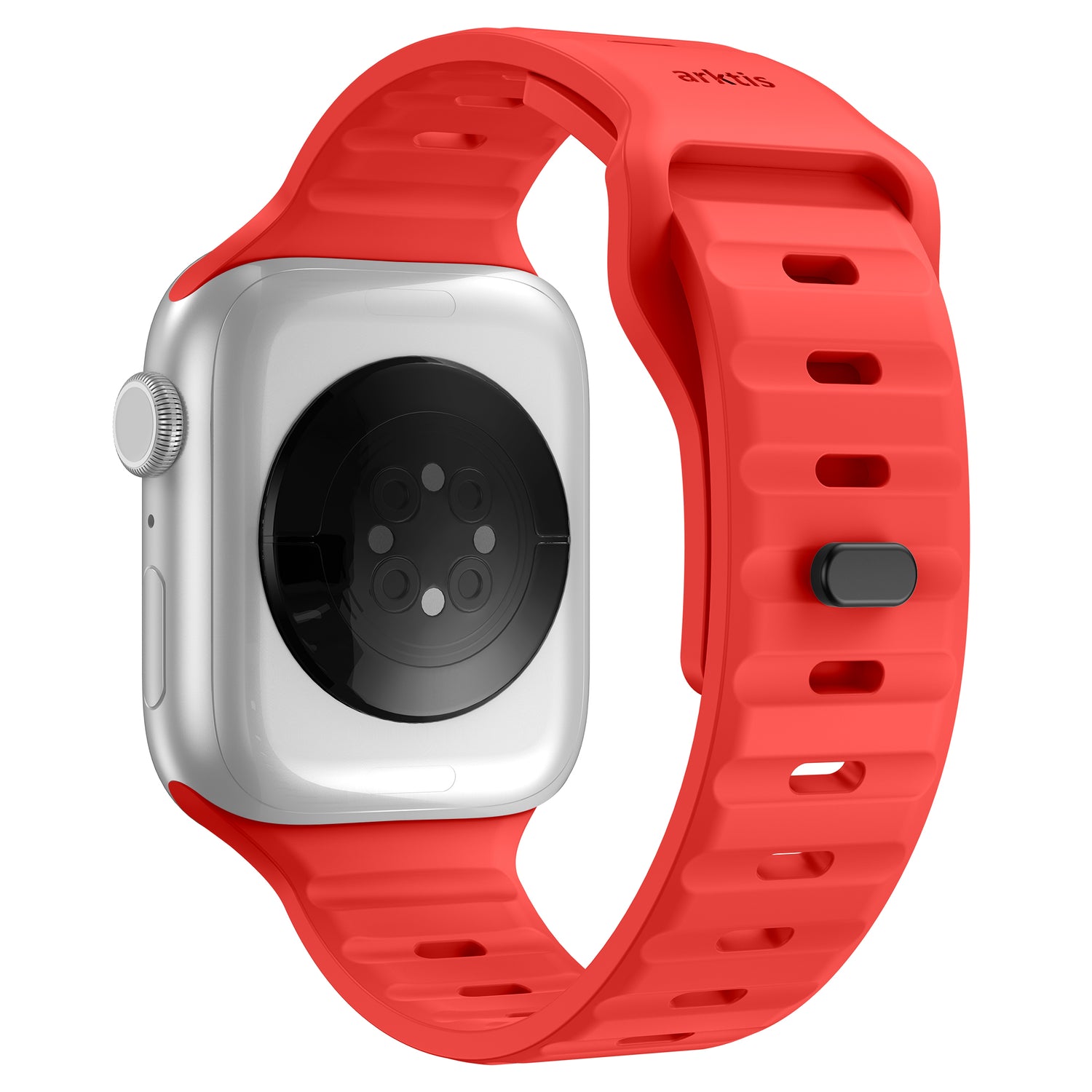 Das arktisband Apple Watch Silikonarmband „Active“ von arktisband präsentiert sich in leuchtendem Rot mit silbernem Gehäuse und hebt sein atmungsaktives Design, den Sensor und die Schnalle auf der Rückseite hervor.