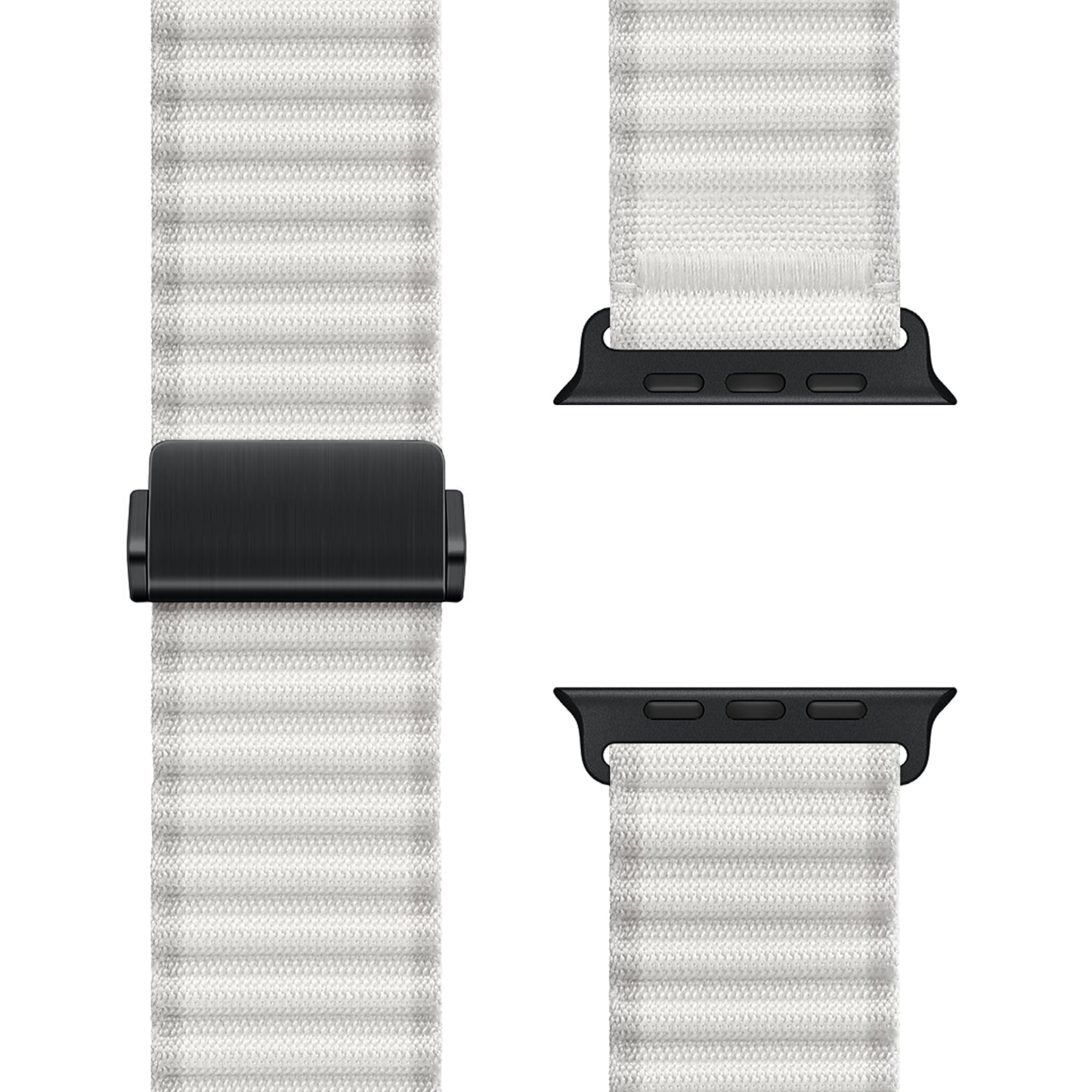 Das arktisband Apple Watch Nylonarmband „Venture“ in Weiß verfügt über ein geripptes Design in Wellenoptik mit schwarzen Verbindungsstücken und Verschluss, dargestellt in drei Teilen auf einem schlichten weißen Hintergrund – ideal für Outdoor-Enthusiasten.