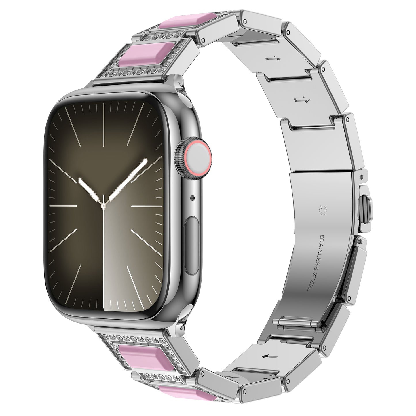 Das arktisband Apple Watch Gliederarmband „Senorita“ verfügt über ein silbernes rechteckiges Smartwatch-Zifferblatt, ein Edelstahlarmband mit rosafarbenen Kunstharz-Mittelstücken und Strasssteinbesatz an den Rändern.