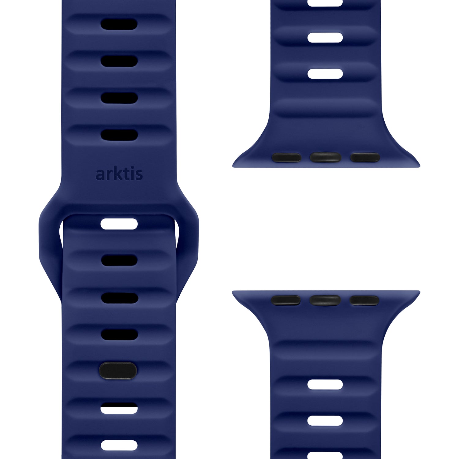 Das arktisband Apple Watch Silikonarmband „Active“ in Dunkelblau wird aus verschiedenen Blickwinkeln gezeigt und hebt sein atmungsaktives Design, mehrere Einstelllöcher, Smartwatch-kompatible Anschlüsse und sichtbares arktisband-Branding hervor.
